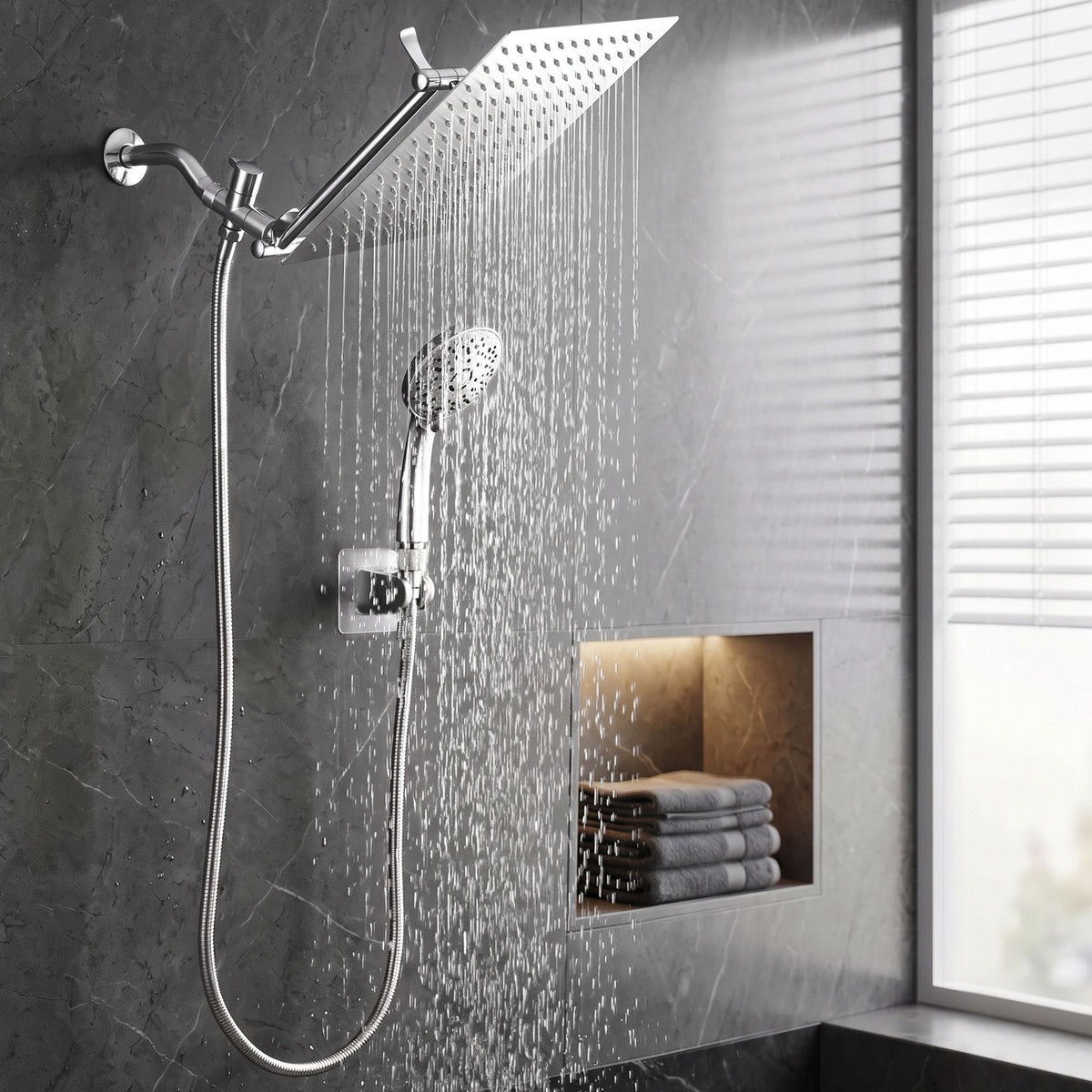 High-Pressure 12" Rainfall Shower Head with 9-Setting Handheld Wand, Gear-Lock Anti-Sag Arm & Drill-Free Bracket