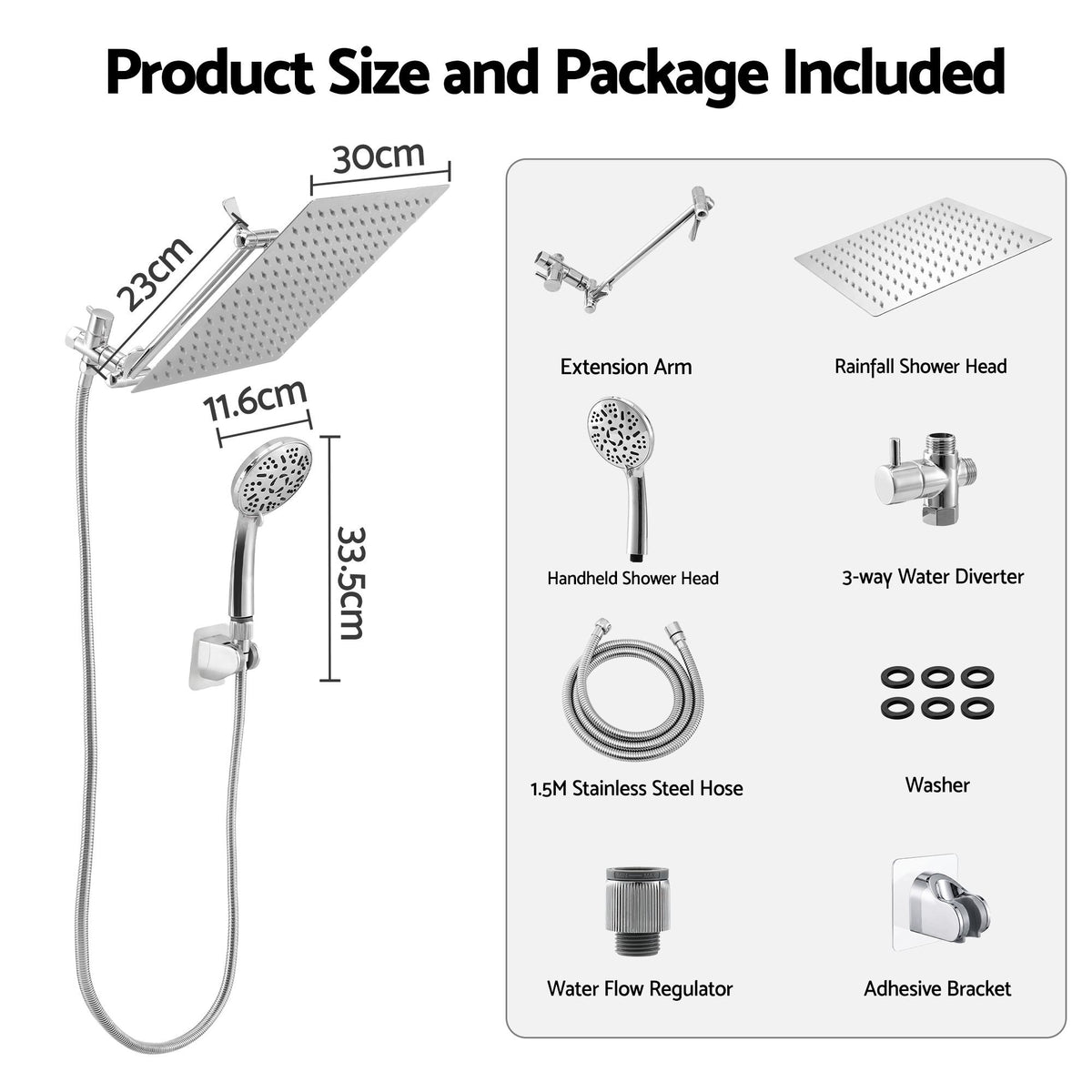 High-Pressure 12" Rainfall Shower Head with 9-Setting Handheld Wand, Gear-Lock Anti-Sag Arm & Drill-Free Bracket