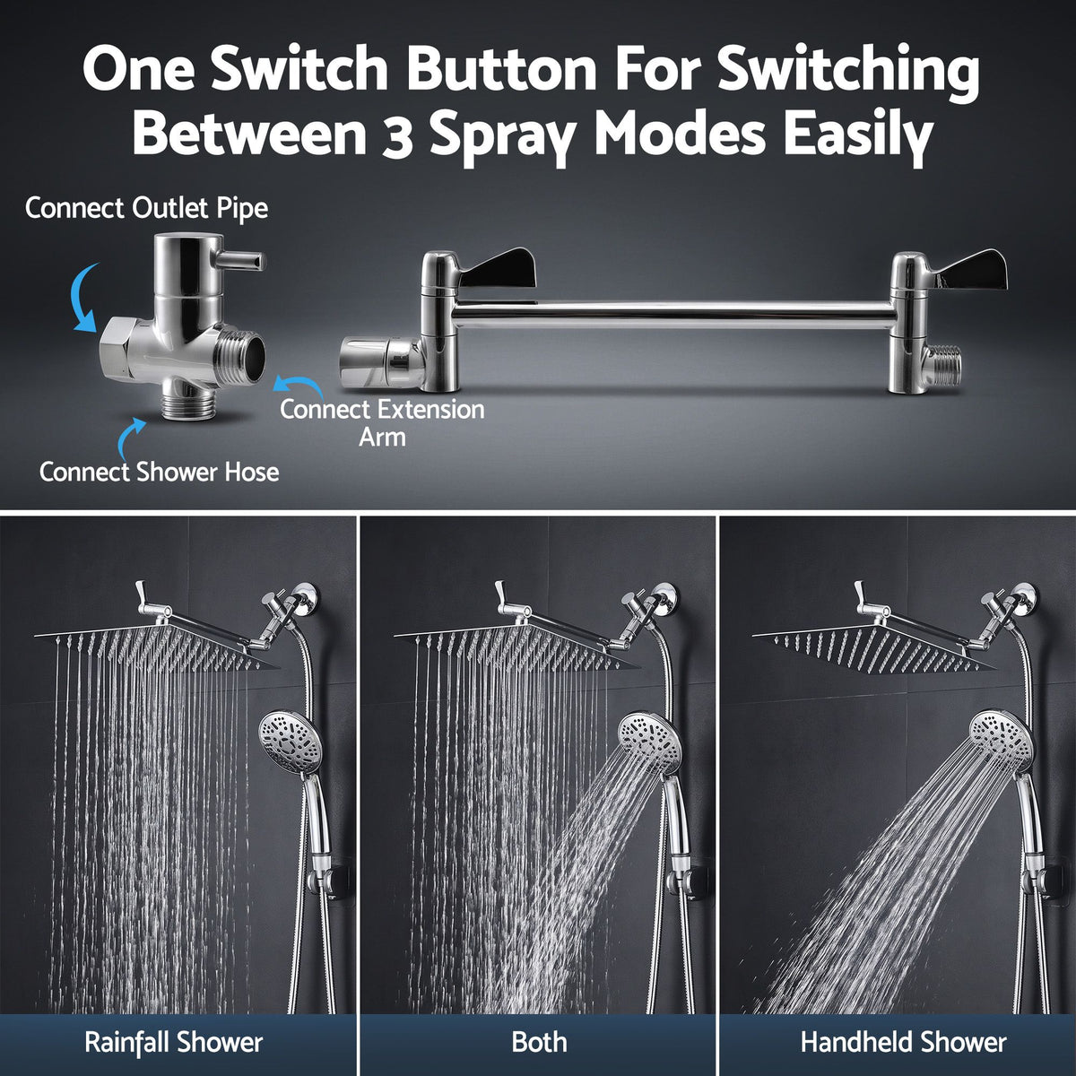 High-Pressure 12" Rainfall Shower Head with 9-Setting Handheld Wand, Gear-Lock Anti-Sag Arm & Drill-Free Bracket