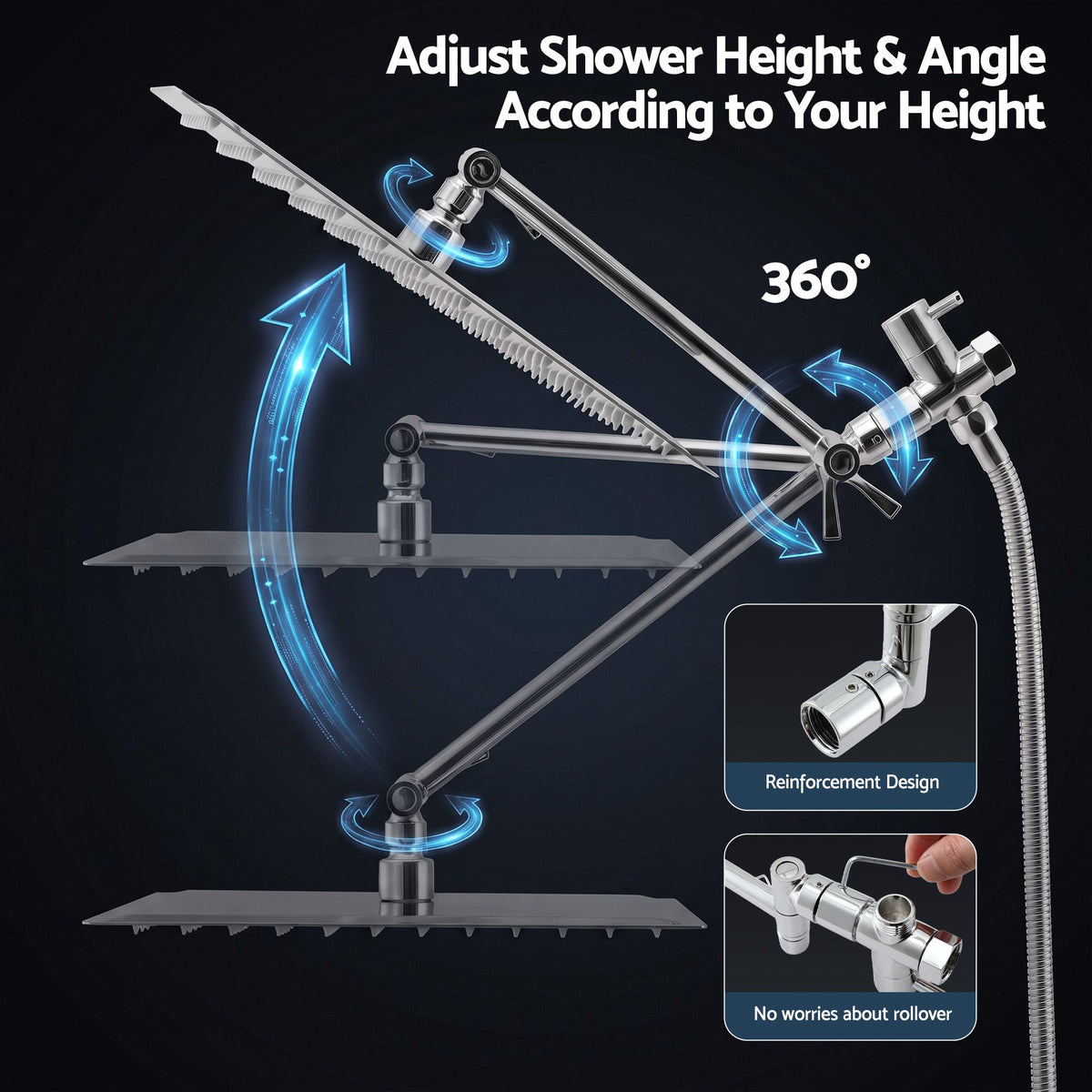 High-Pressure 12" Rainfall Shower Head with 9-Setting Handheld Wand, Gear-Lock Anti-Sag Arm & Drill-Free Bracket