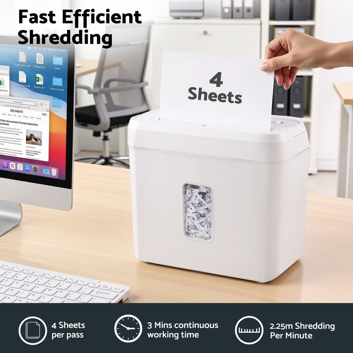 8L Tabletop Paper Shredder 4 Sheet P4 Cross Cut - White