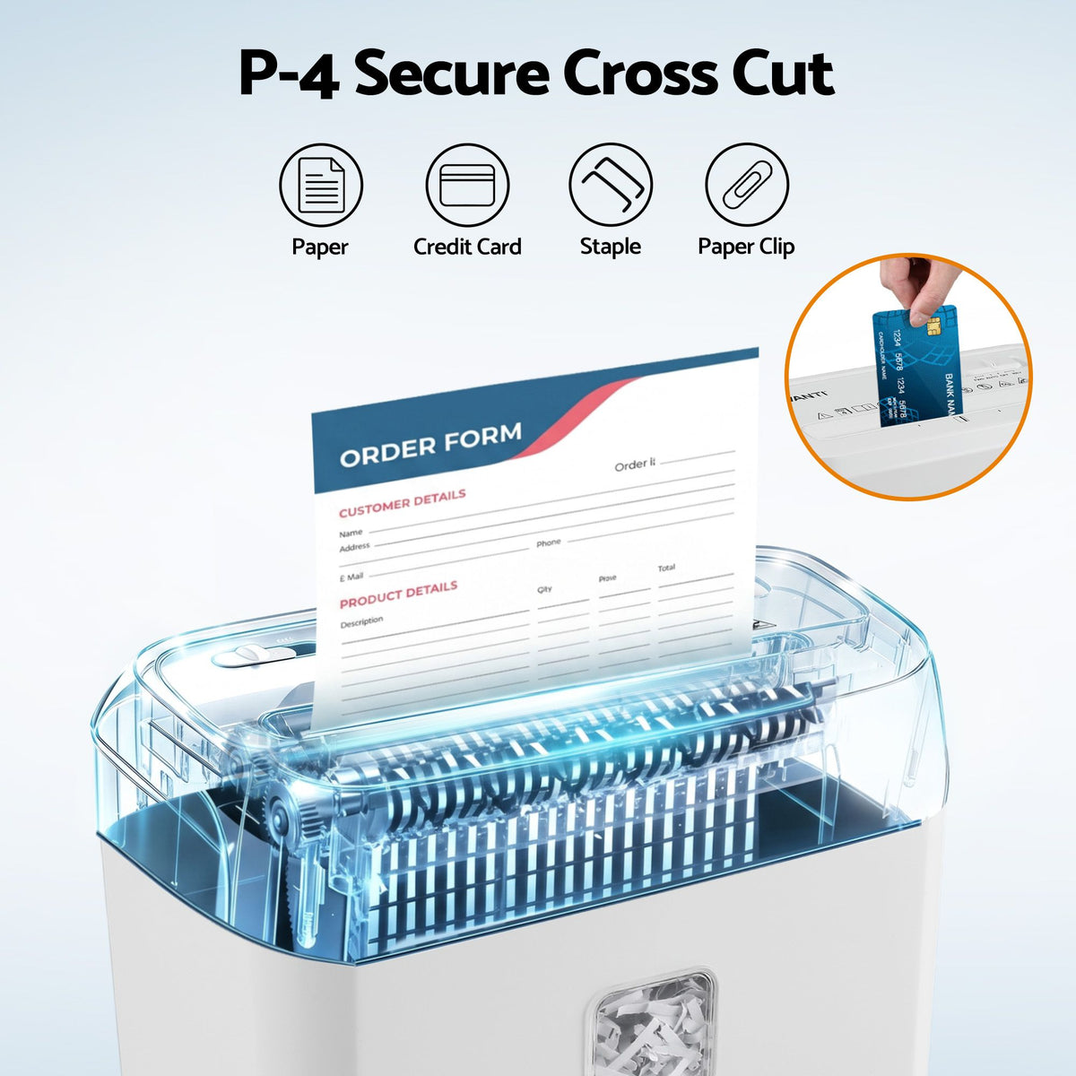 8L Tabletop Paper Shredder 4 Sheet P4 Cross Cut - White