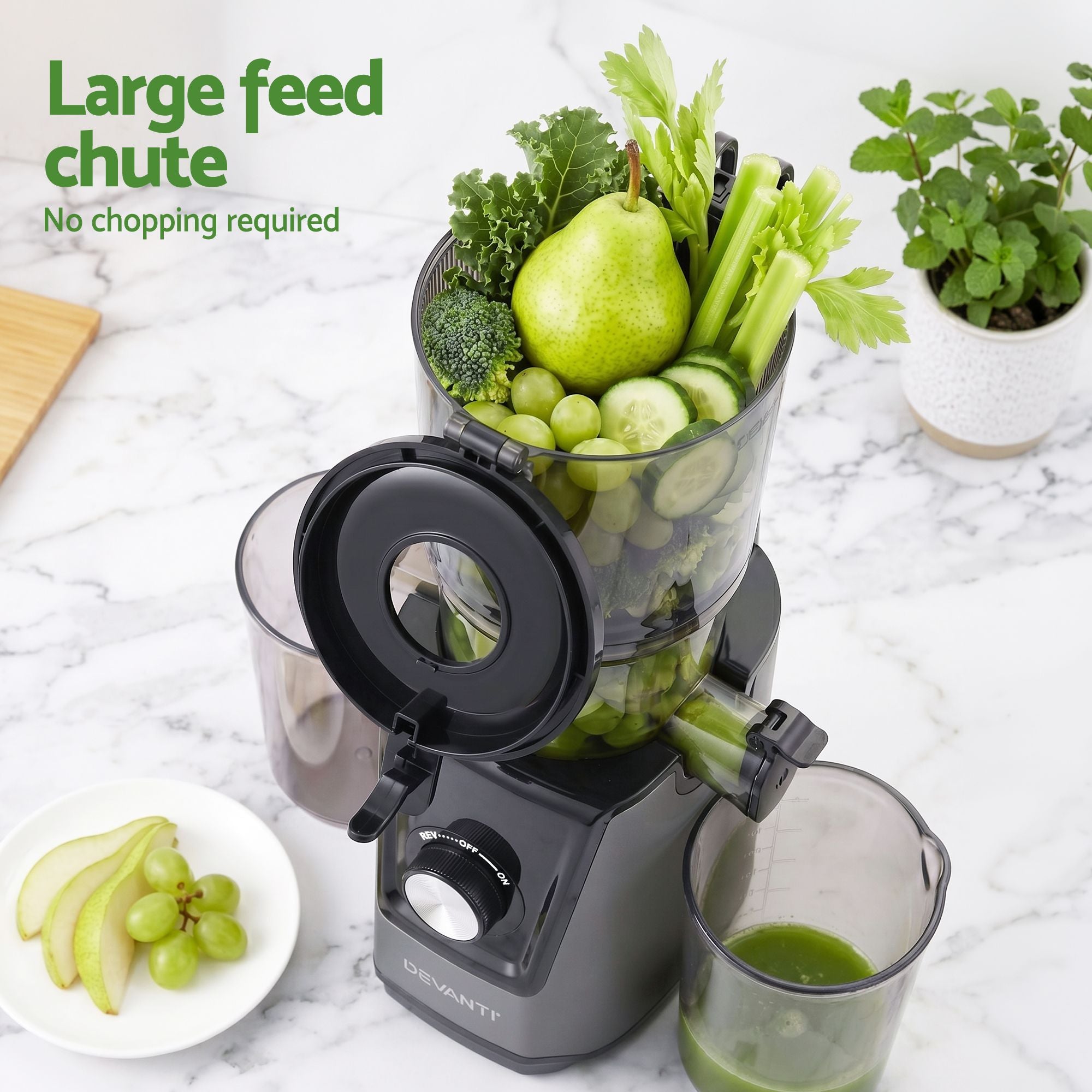 Slow Juicer Cold Press 200W with Large Feed Chute for Fruit and Vegetable Juice - White