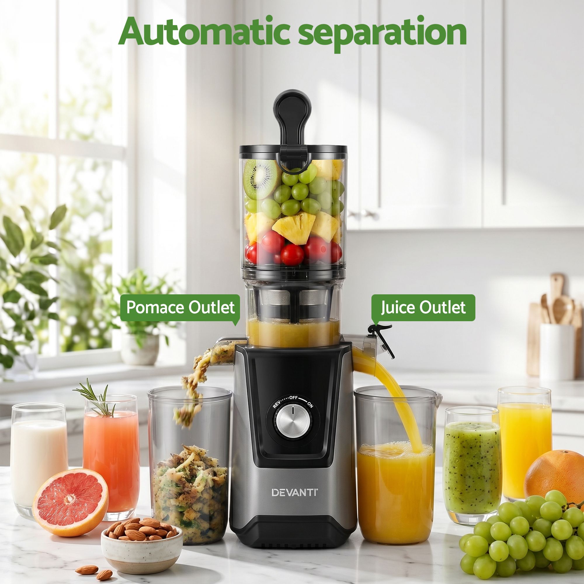 Slow Juicer Cold Press 200W with Large Feed Chute for Fruit and Vegetable Juice - White