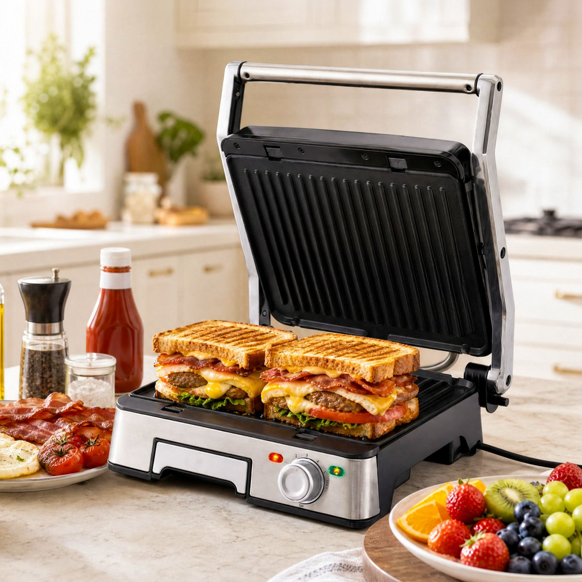 2000W 3-in-1 Panini Press Grill Sandwich Maker 4 Slice 180° Open