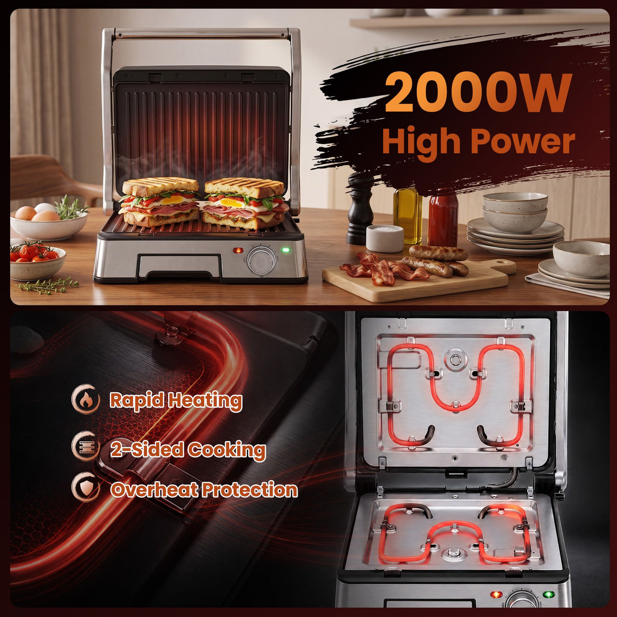 2000W 3-in-1 Panini Press Grill Sandwich Maker 4 Slice 180° Open