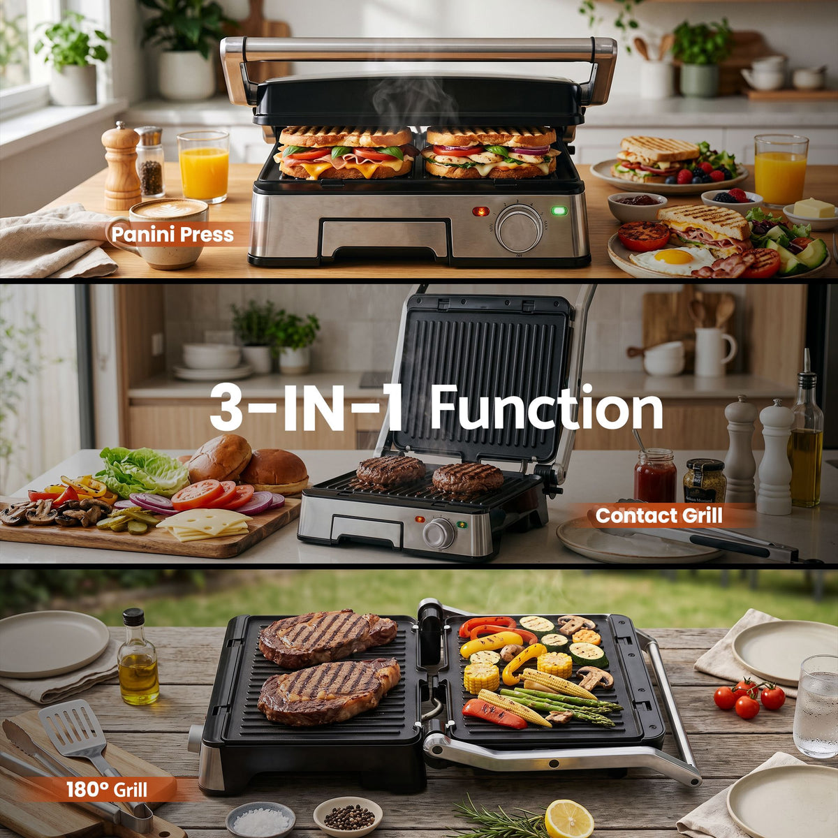 2000W 3-in-1 Panini Press Grill Sandwich Maker 4 Slice 180° Open