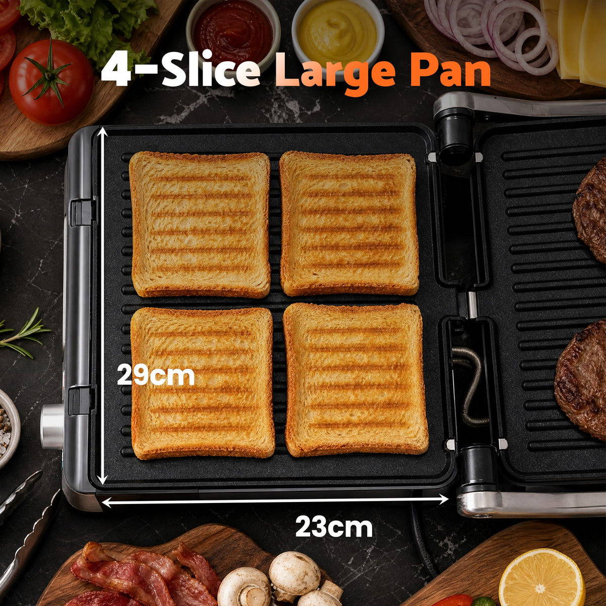 2000W 3-in-1 Panini Press Grill Sandwich Maker 4 Slice 180° Open