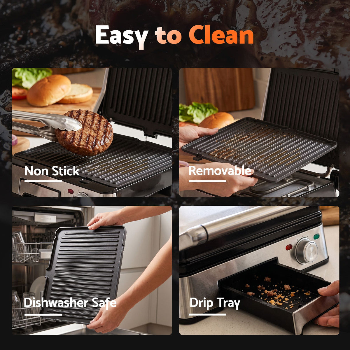 2000W 3-in-1 Panini Press Grill Sandwich Maker 4 Slice 180° Open