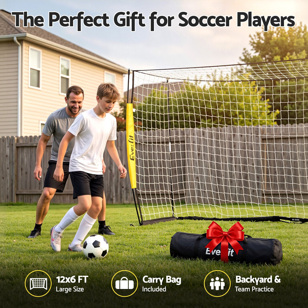 Portable Soccer Goal Net 12x6ft Fibreglass Frame with Polyester Netting