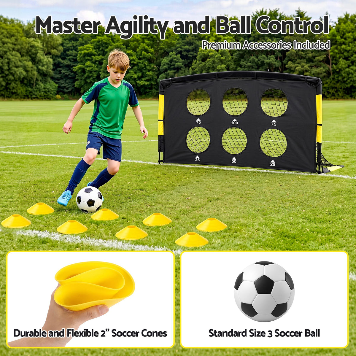 Pop Up Soccer Goals 2 Piece Set with Target Net and Accessories for Kids Indoor Outdoor
