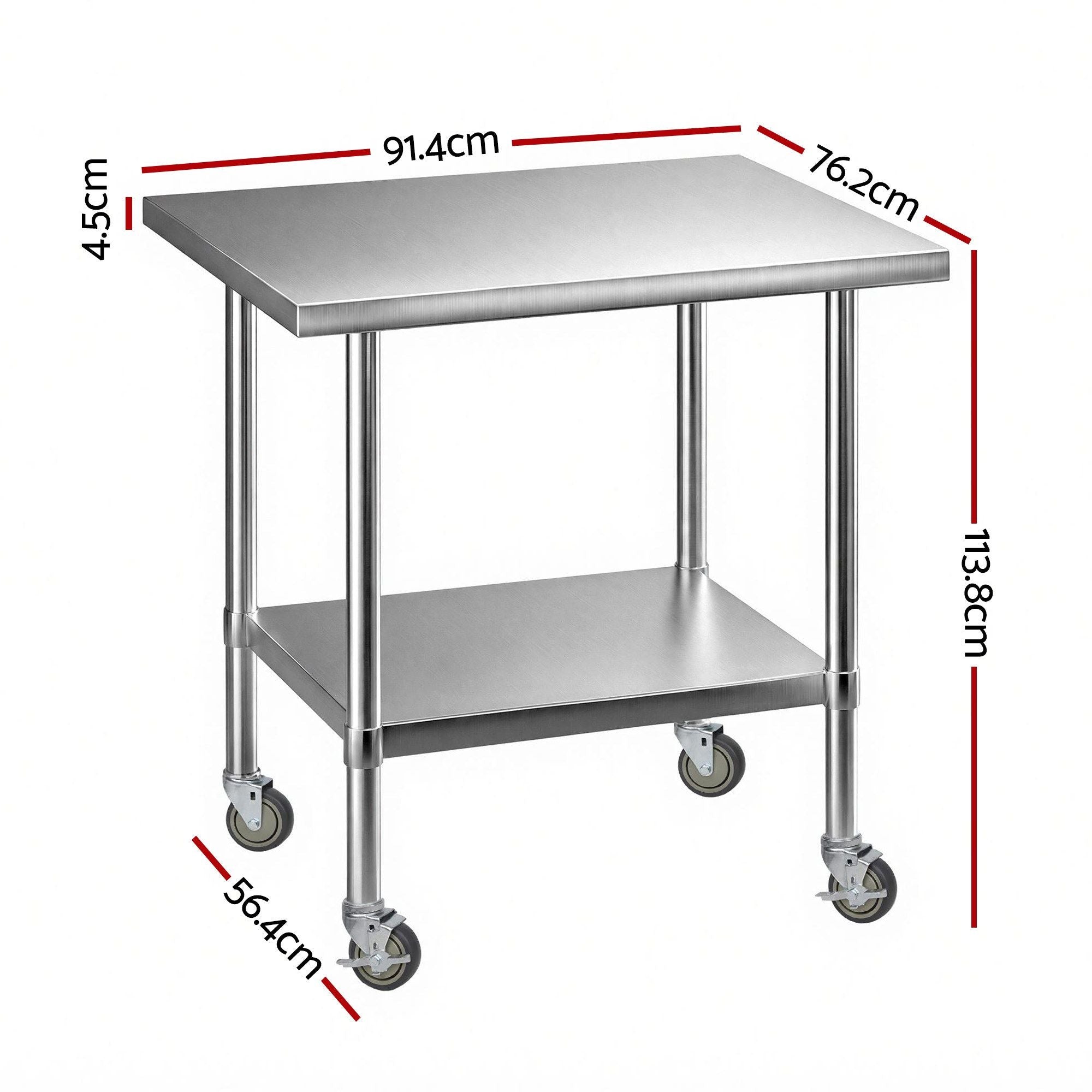 914x762mm Stainless Steel Kitchen Prep Bench with Splashback Commercial 430 - Stainless Steel