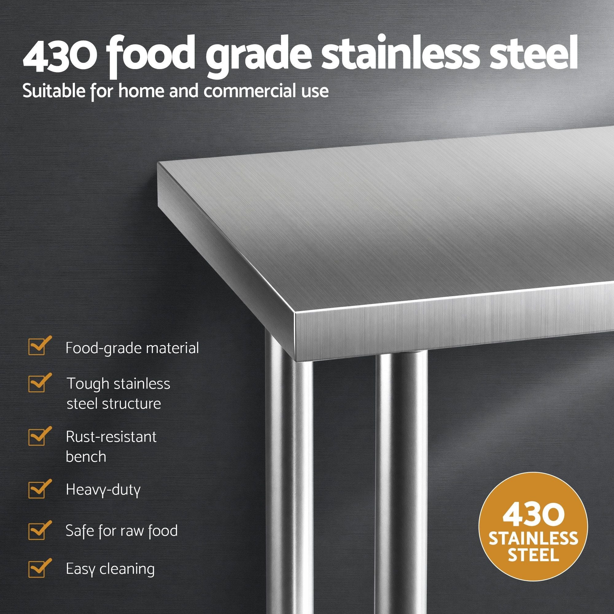 914x762mm Stainless Steel Kitchen Prep Bench with Splashback Commercial 430 - Stainless Steel