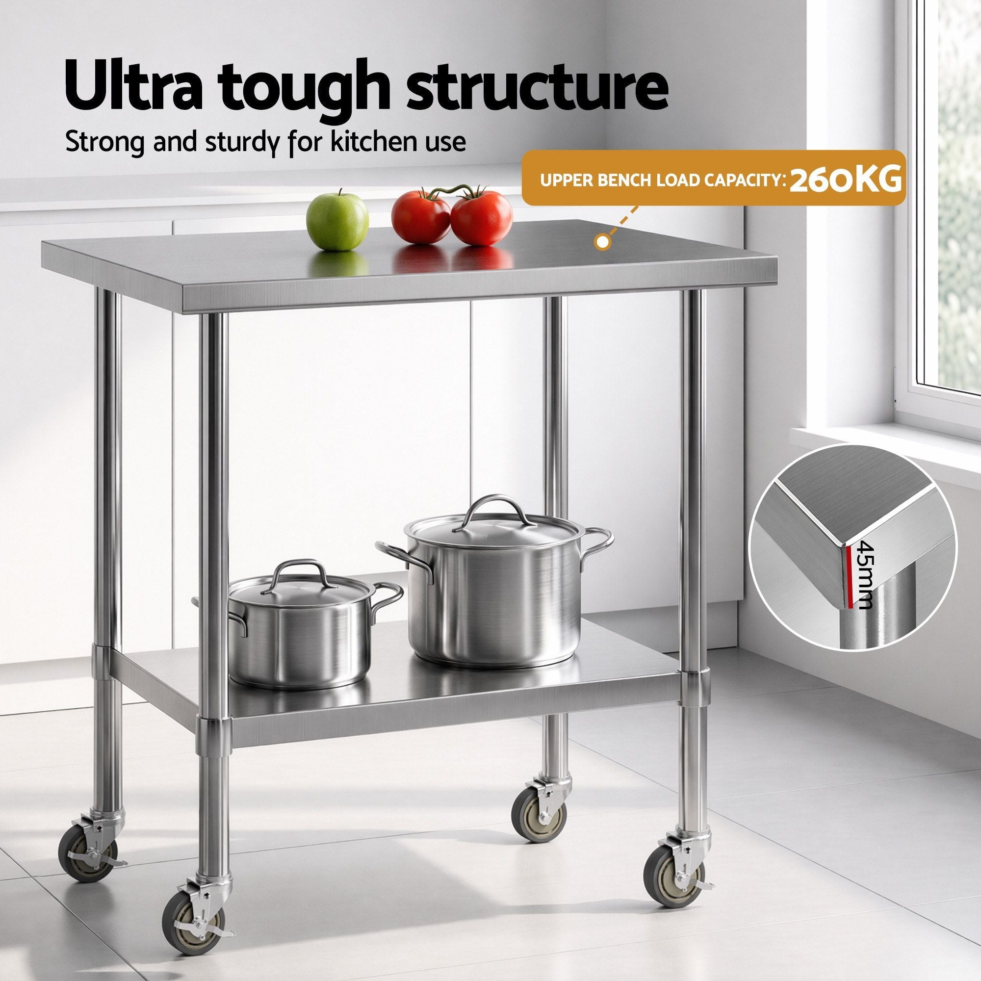914x762mm Stainless Steel Kitchen Prep Bench with Splashback Commercial 430 - Stainless Steel