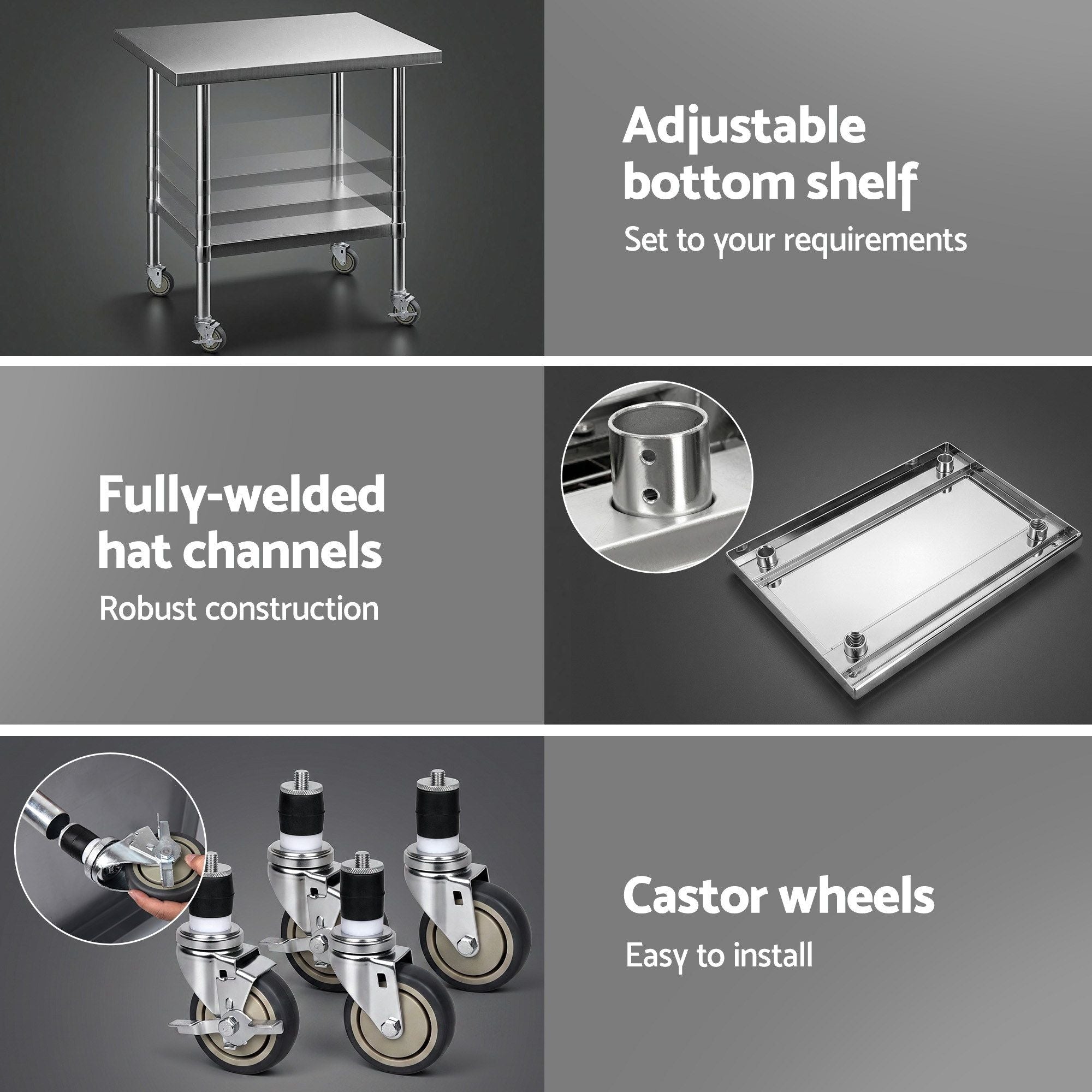 914x762mm Stainless Steel Kitchen Prep Bench with Splashback Commercial 430 - Stainless Steel