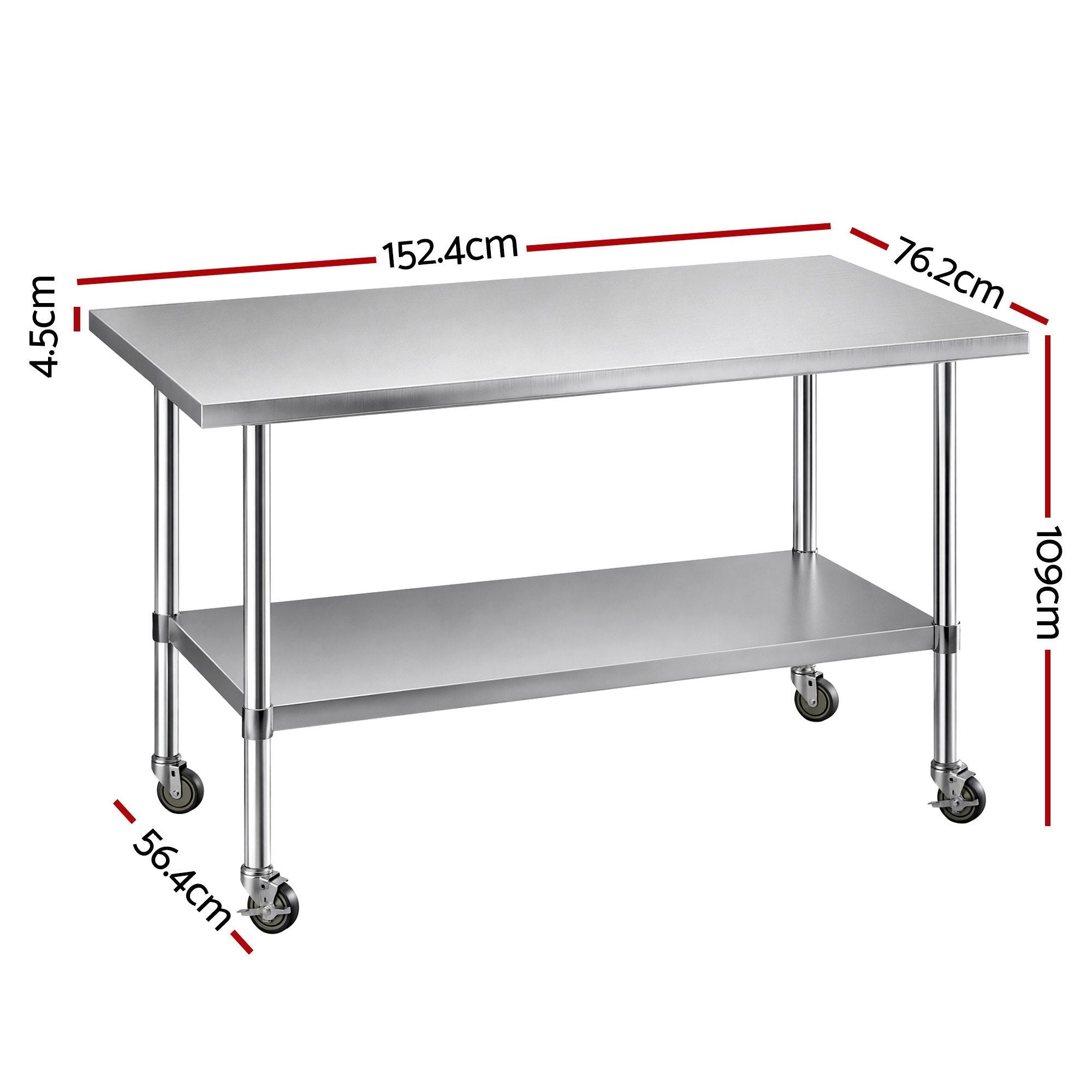 1524x762mm Stainless Steel Commercial Kitchen Bench with Splashback 430 - Stainless Steel