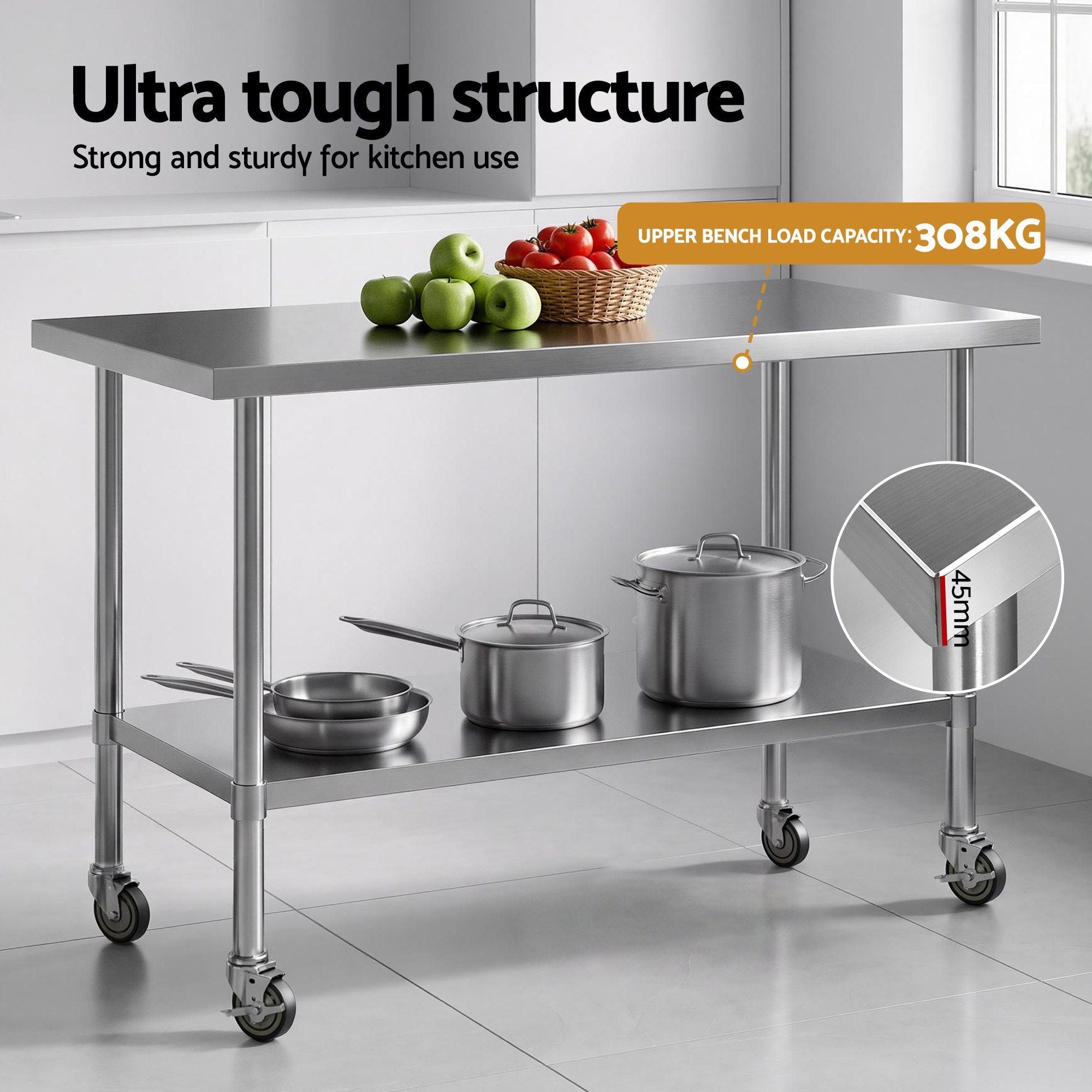 1524x762mm Stainless Steel Commercial Kitchen Bench with Splashback 430 - Stainless Steel
