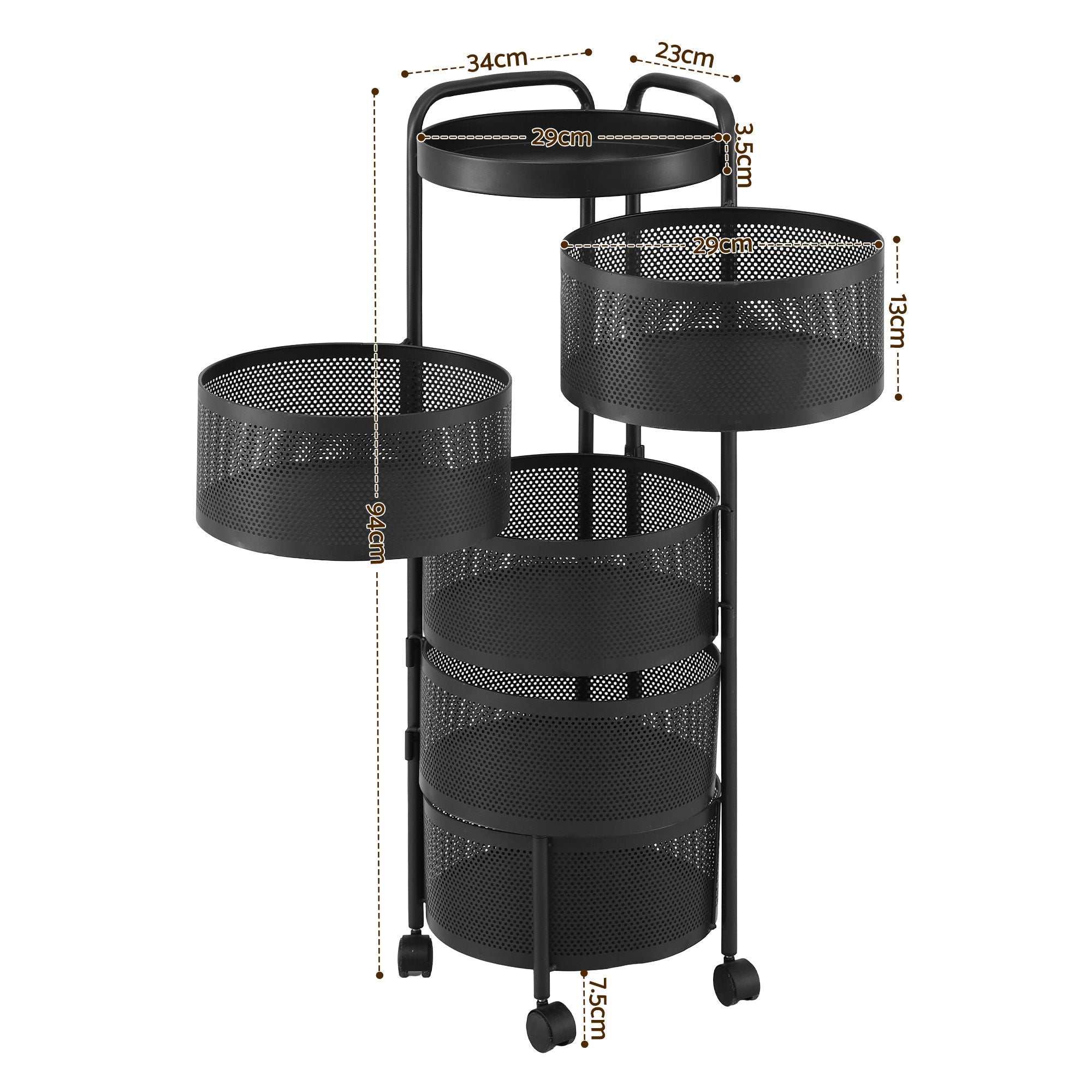 Storage Trolley Kitchen Cart 5 Tiers Storage Rack Round Basket Black