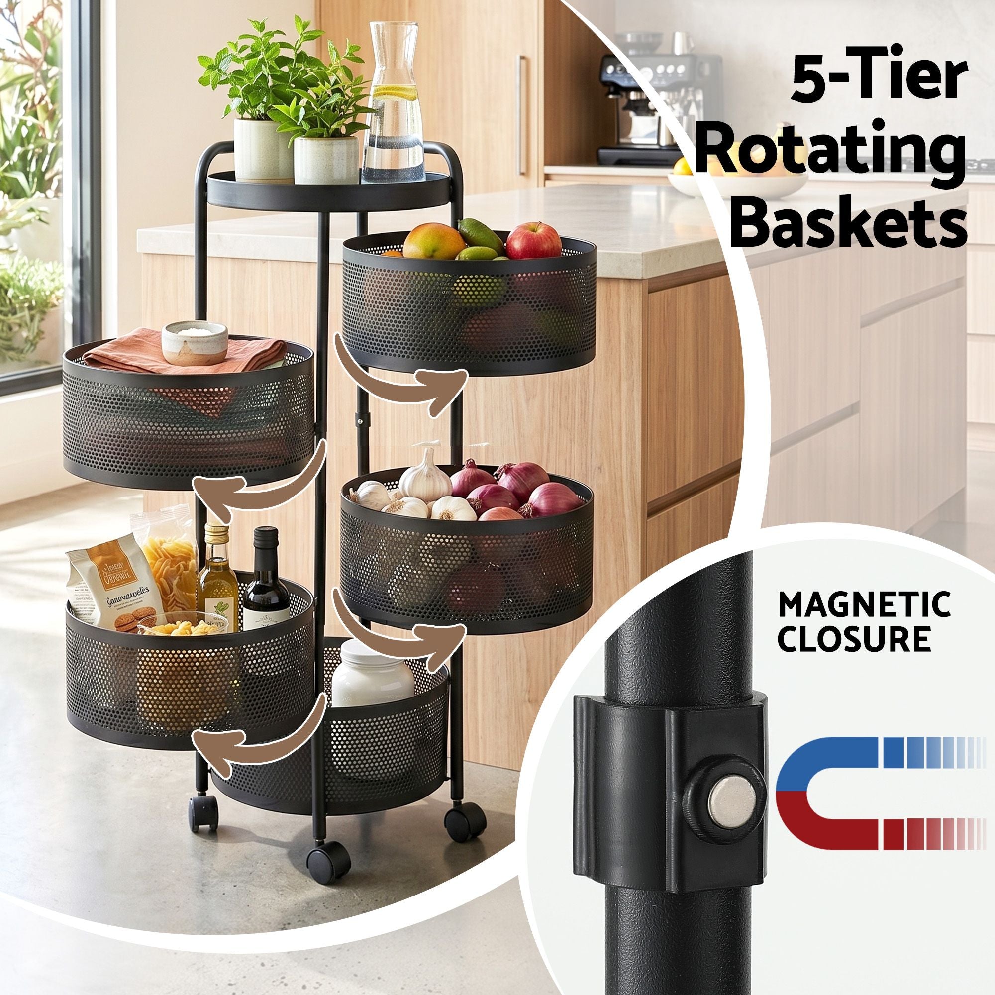 Storage Trolley Kitchen Cart 5 Tiers Storage Rack Round Basket Black