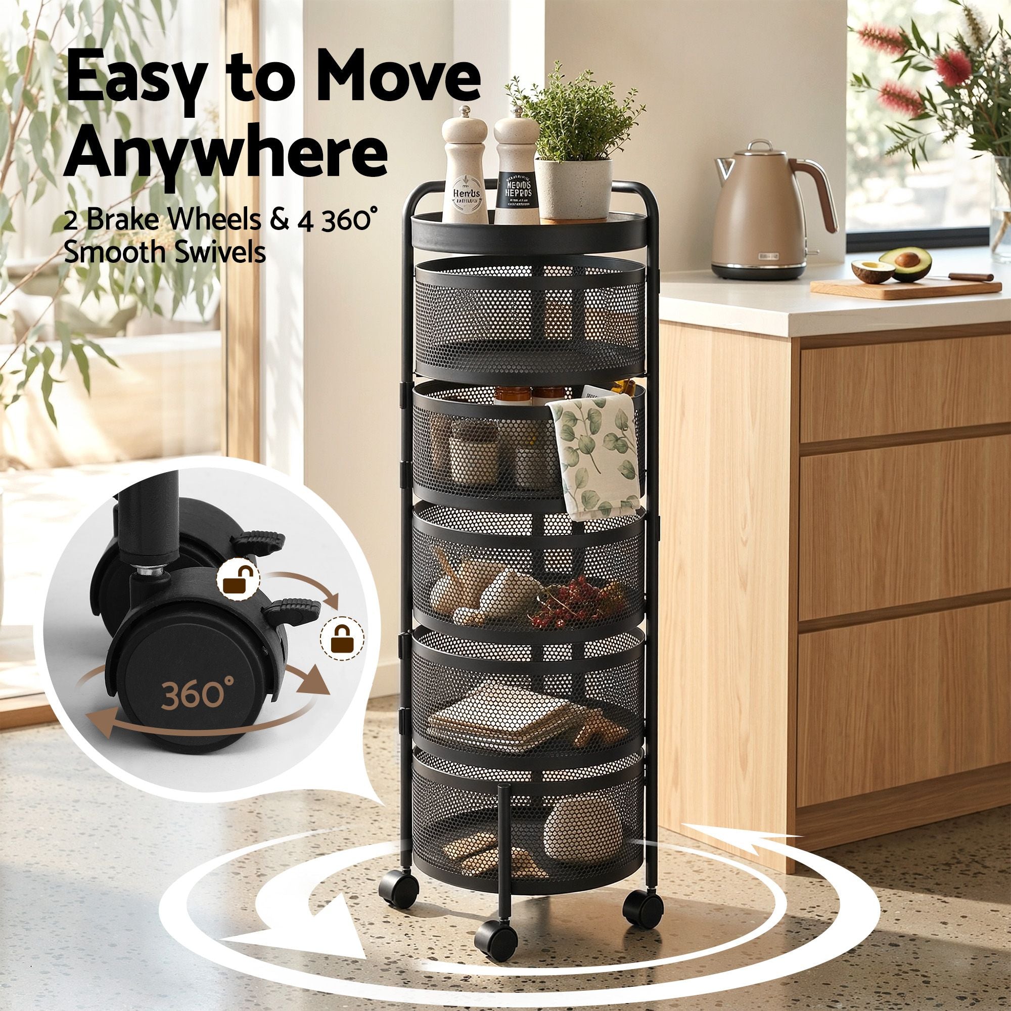 Storage Trolley Kitchen Cart 5 Tiers Storage Rack Round Basket Black