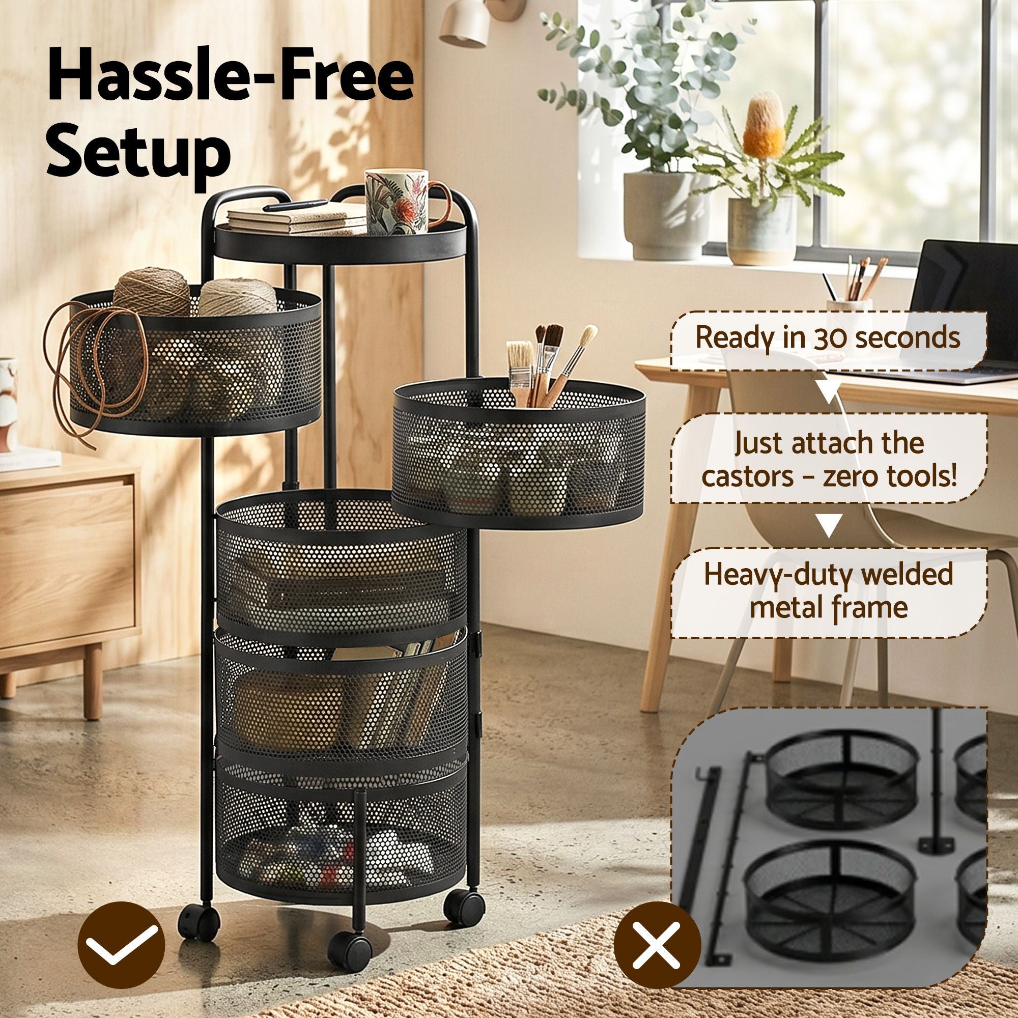 Storage Trolley Kitchen Cart 5 Tiers Storage Rack Round Basket Black