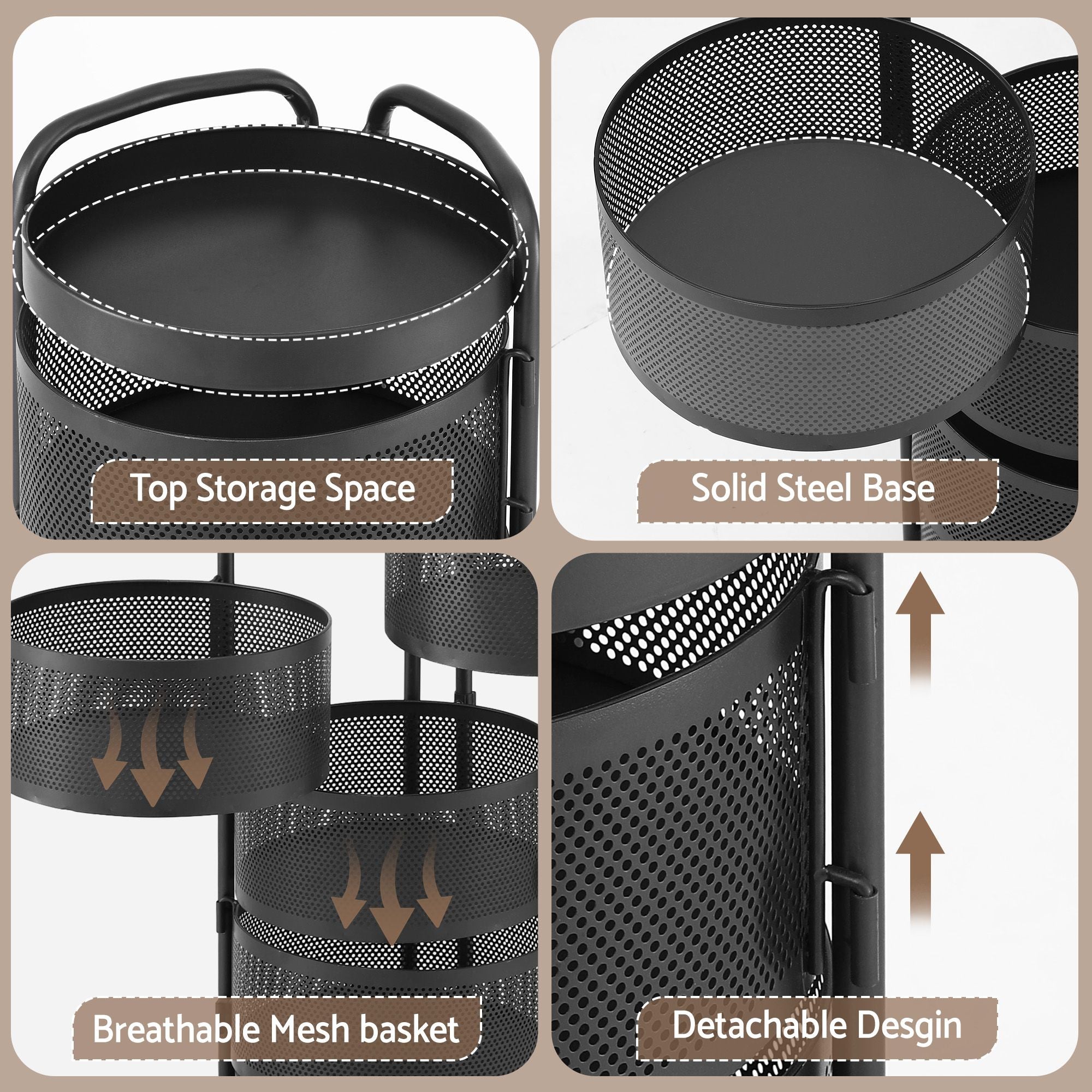 Storage Trolley Kitchen Cart 5 Tiers Storage Rack Round Basket Black