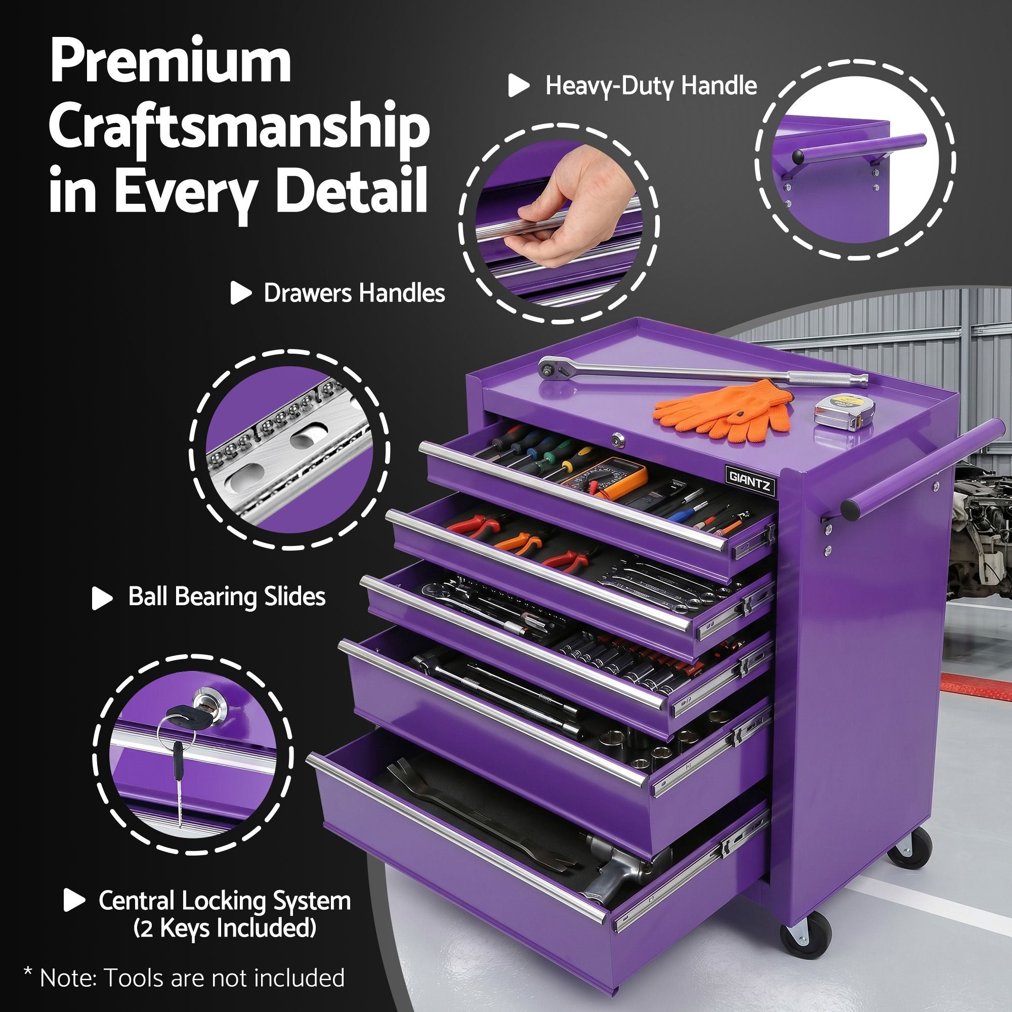 5 Drawer Tool Chest Trolley Cabinet Toolbox Heavy Duty Garage Storage Organiser Purple