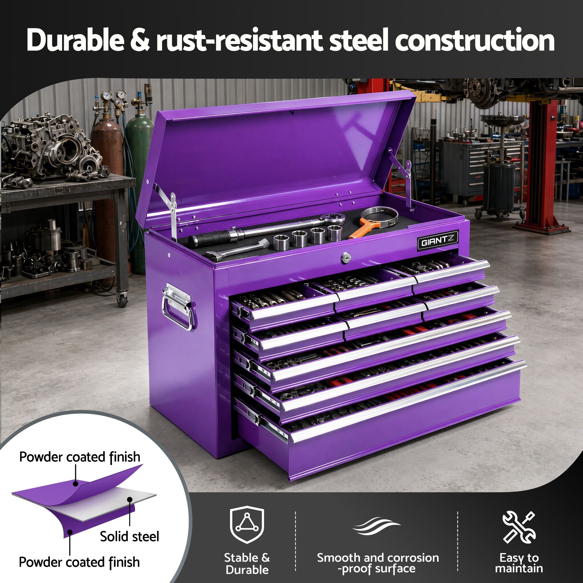 9-Drawer Tool Cabinet Chest Toolbox Heavy Duty Garage Storage Organiser Purple