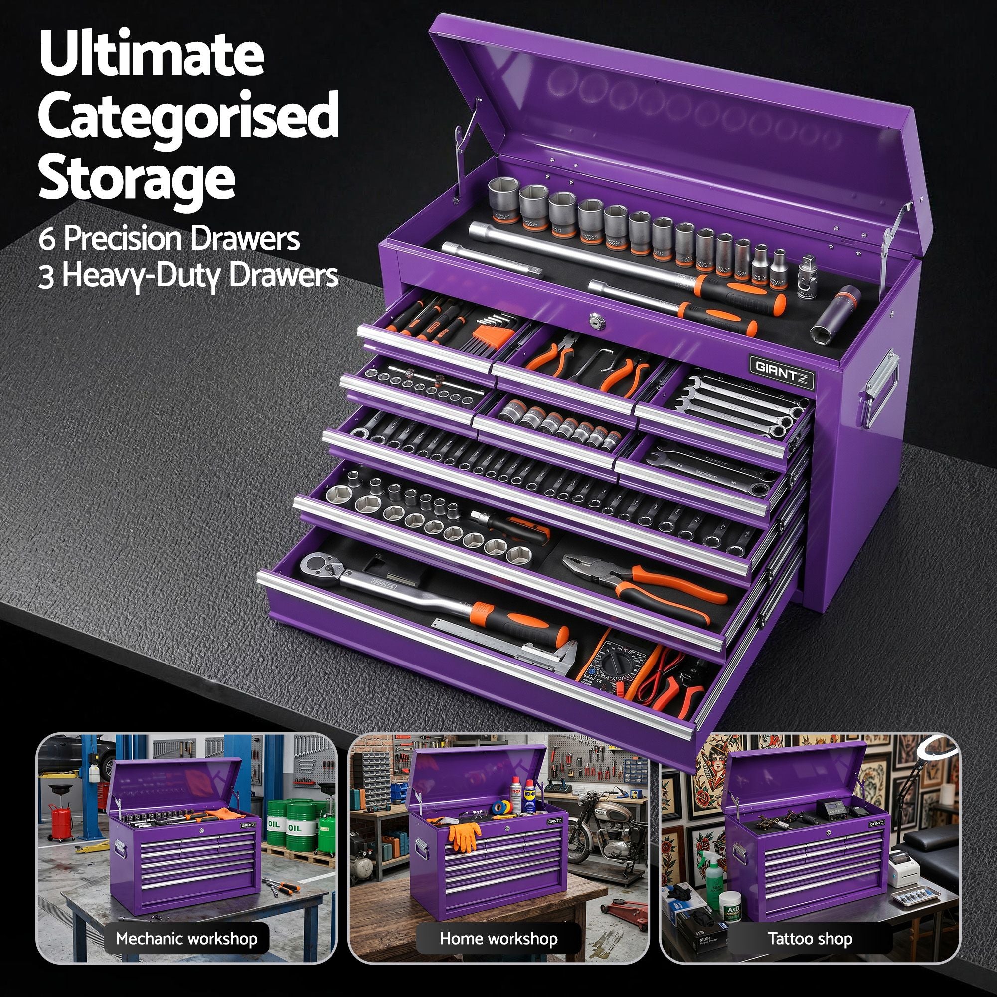 9-Drawer Tool Cabinet Chest Toolbox Heavy Duty Garage Storage Organiser Purple