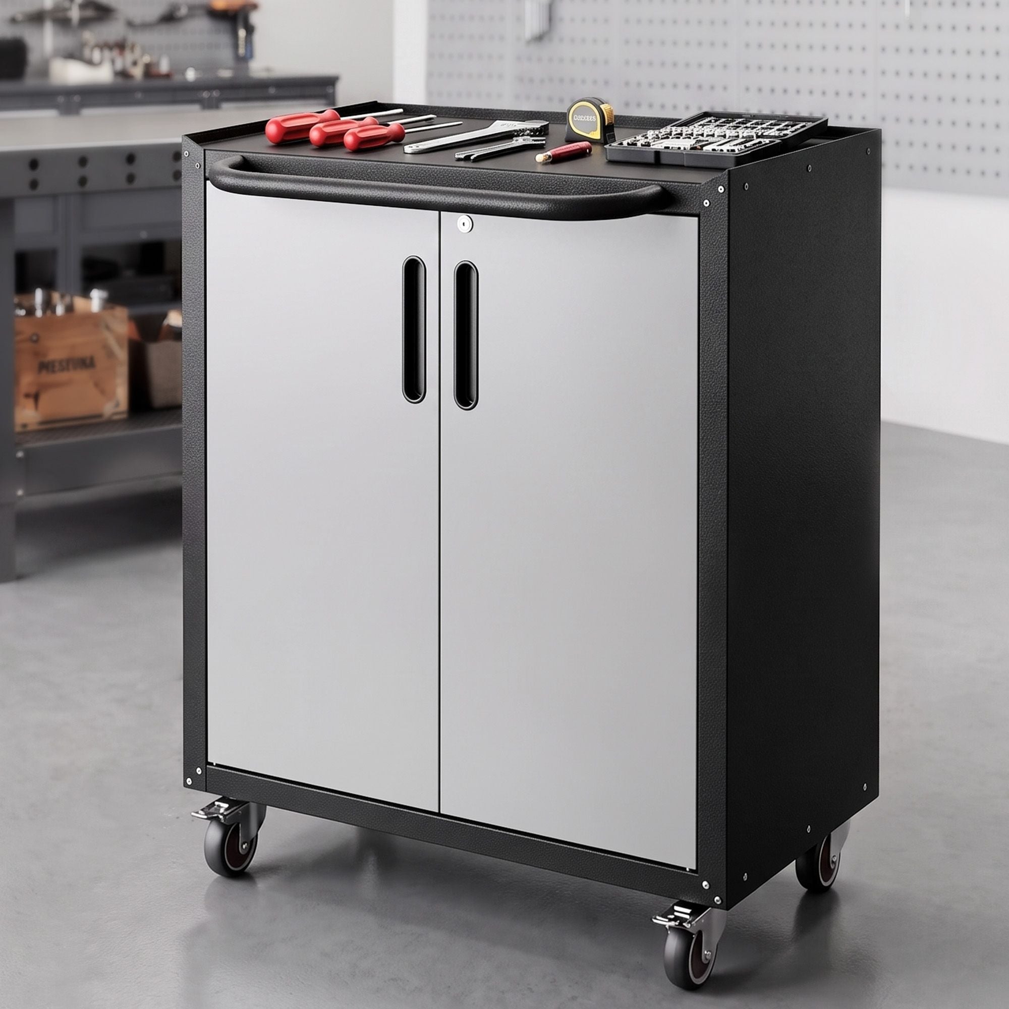 Rolling Tool Cabinet Heavy-Duty Storage Cabinet Adjustable Shelf Black and Grey