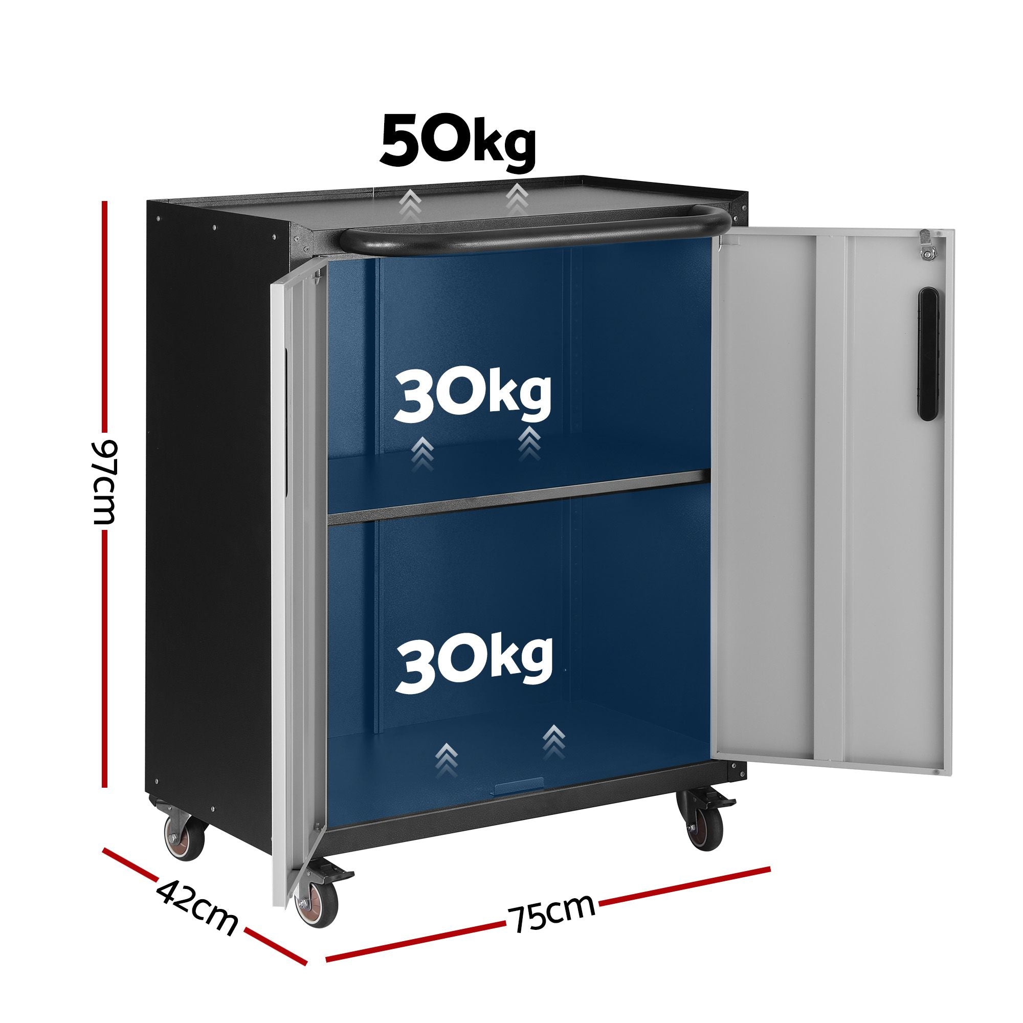 Rolling Tool Cabinet Heavy-Duty Storage Cabinet Adjustable Shelf Black and Grey