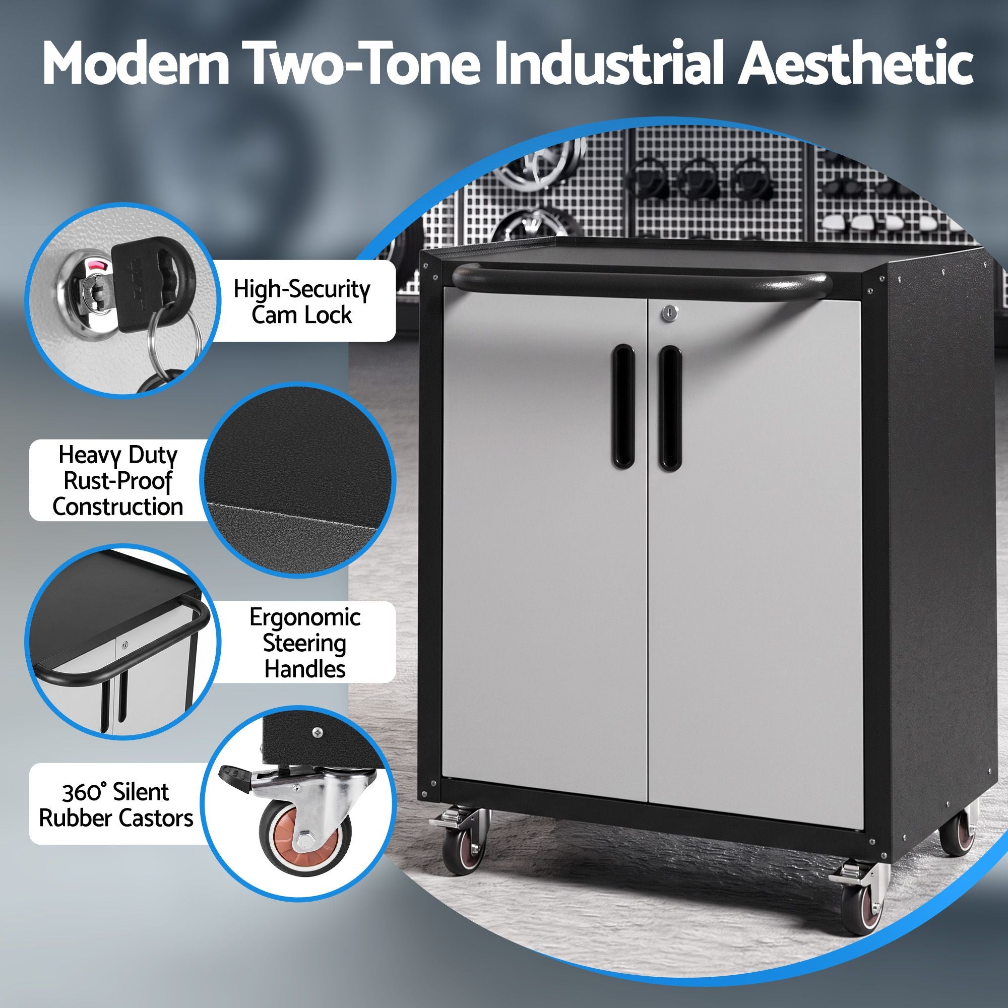 Rolling Tool Cabinet Heavy-Duty Storage Cabinet Adjustable Shelf Black and Grey