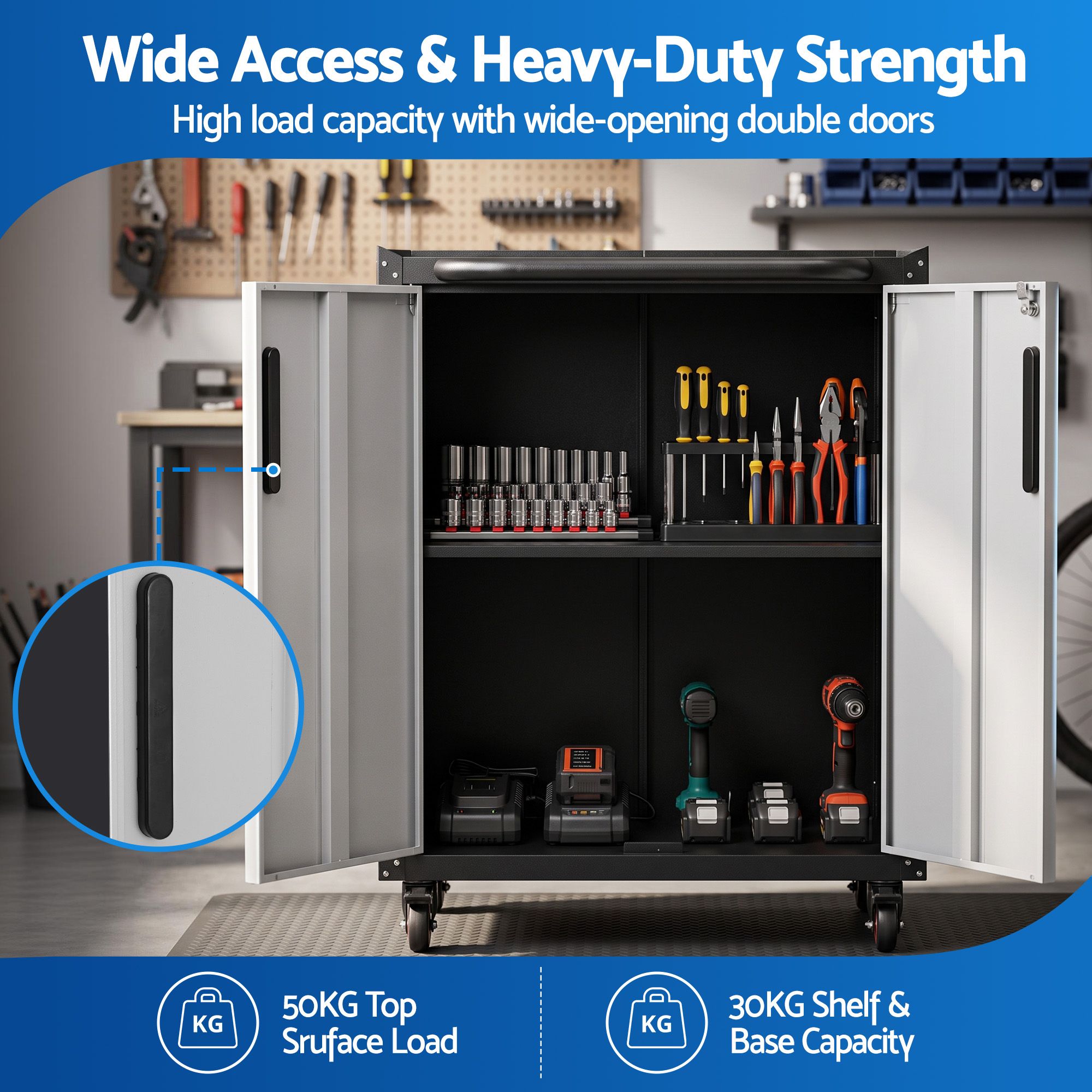 Rolling Tool Cabinet Heavy-Duty Storage Cabinet Adjustable Shelf Black and Grey