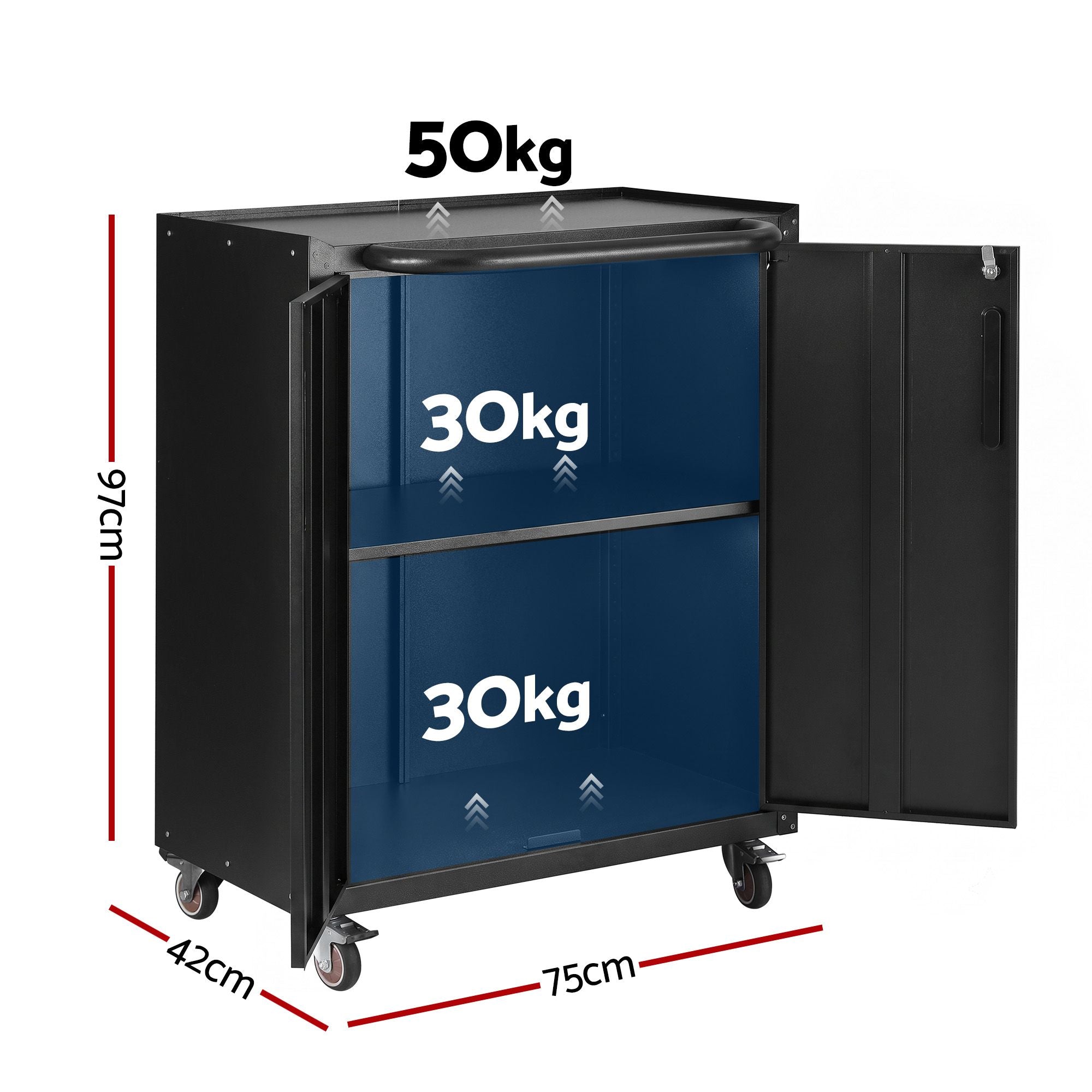 Rolling Tool Cabinet Heavy-Duty Storage Cabinet Adjustable Shelf Black