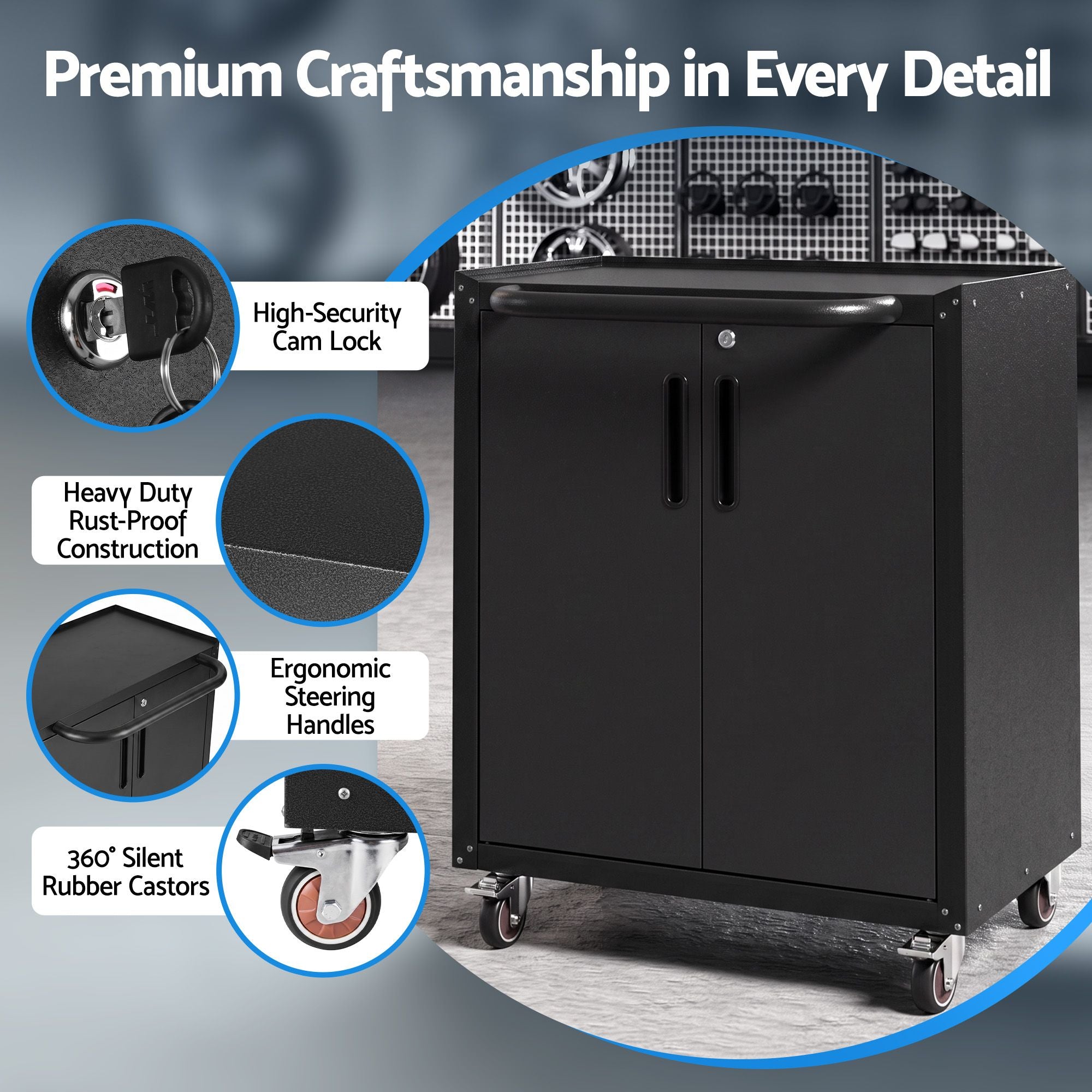 Rolling Tool Cabinet Heavy-Duty Storage Cabinet Adjustable Shelf Black