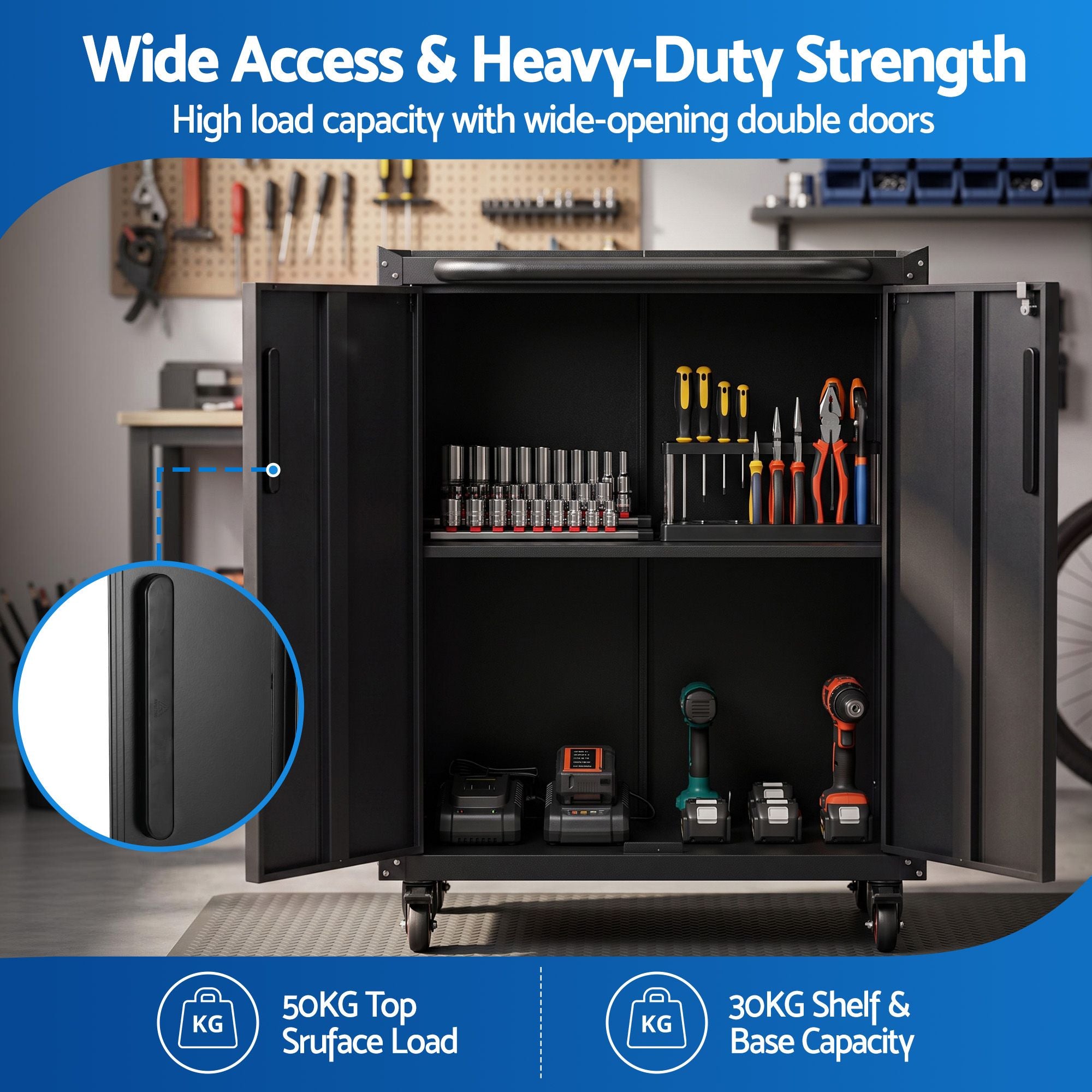 Rolling Tool Cabinet Heavy-Duty Storage Cabinet Adjustable Shelf Black