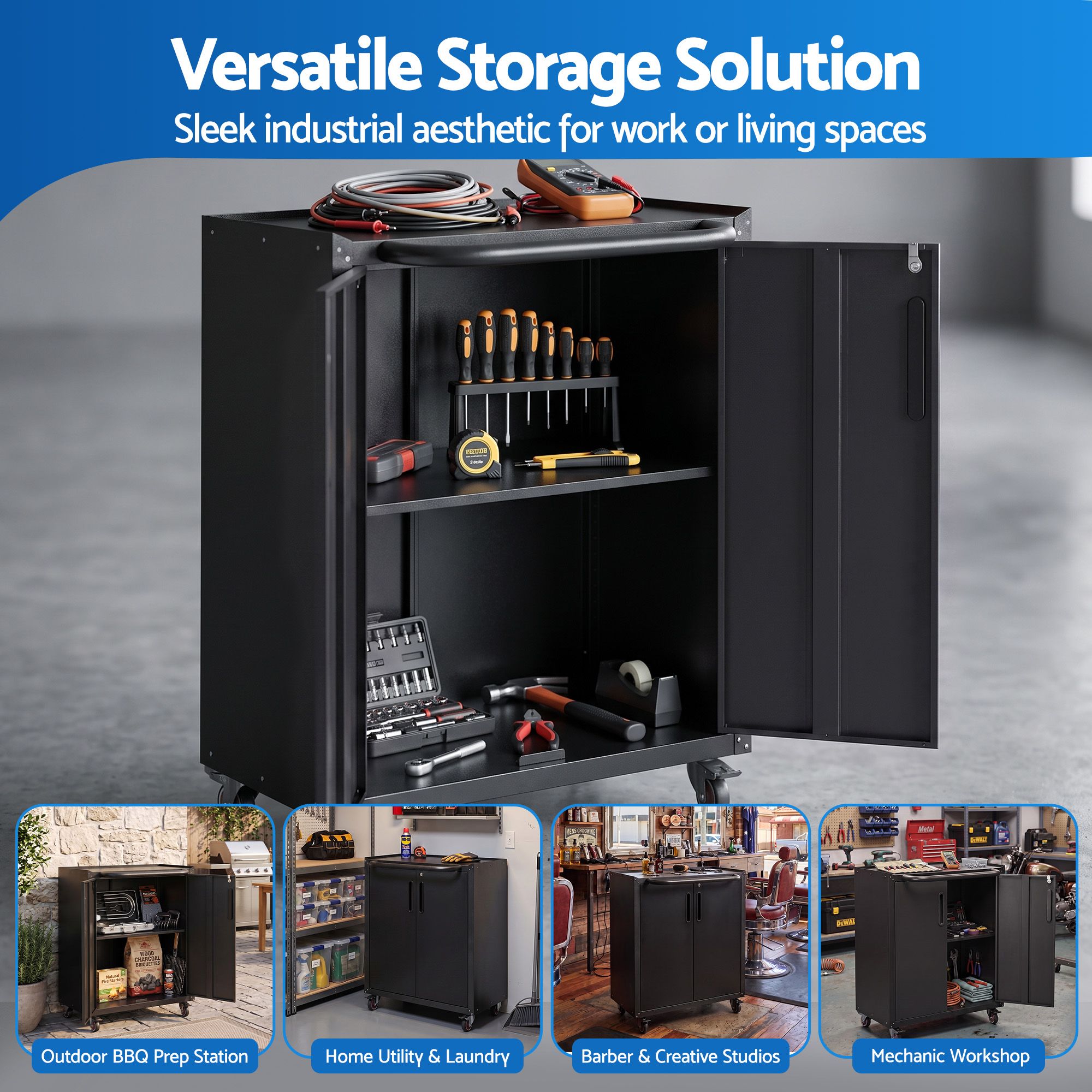 Rolling Tool Cabinet Heavy-Duty Storage Cabinet Adjustable Shelf Black
