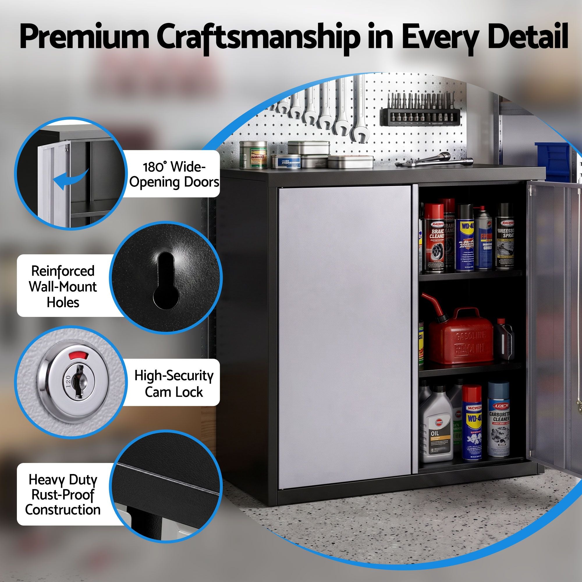 Steel Tool Cabinet Wall Mount Adjustable Shelf Garage Storage Lockable Black Grey