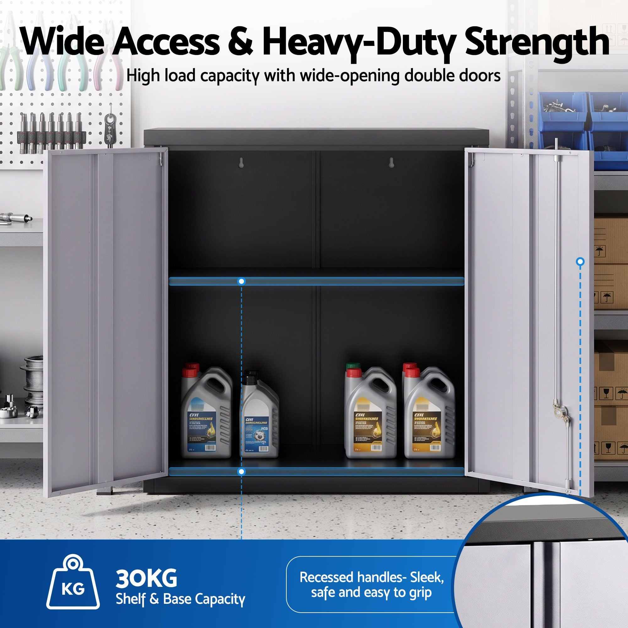 Steel Tool Cabinet Wall Mount Adjustable Shelf Garage Storage Lockable Black Grey