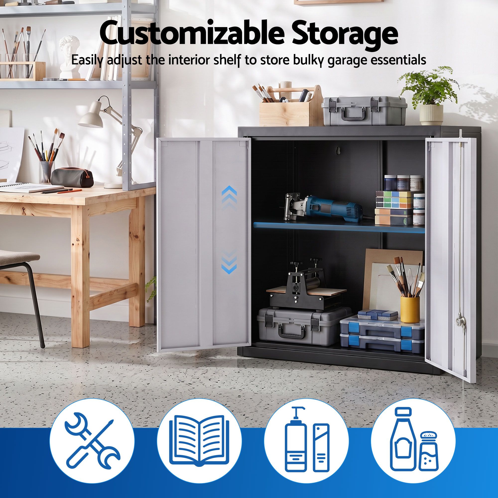 Steel Tool Cabinet Wall Mount Adjustable Shelf Garage Storage Lockable Black Grey