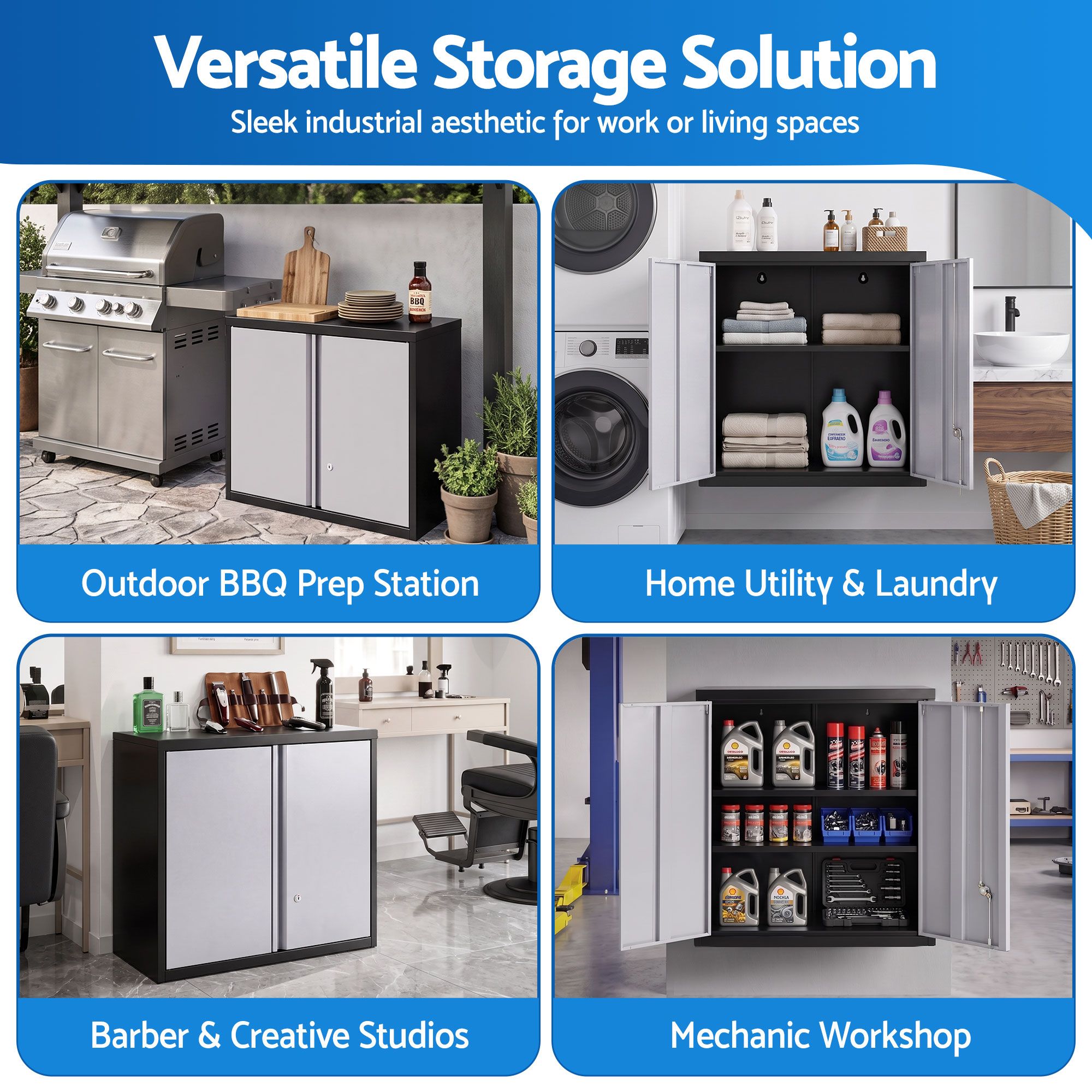 Steel Tool Cabinet Wall Mount Adjustable Shelf Garage Storage Lockable Black Grey