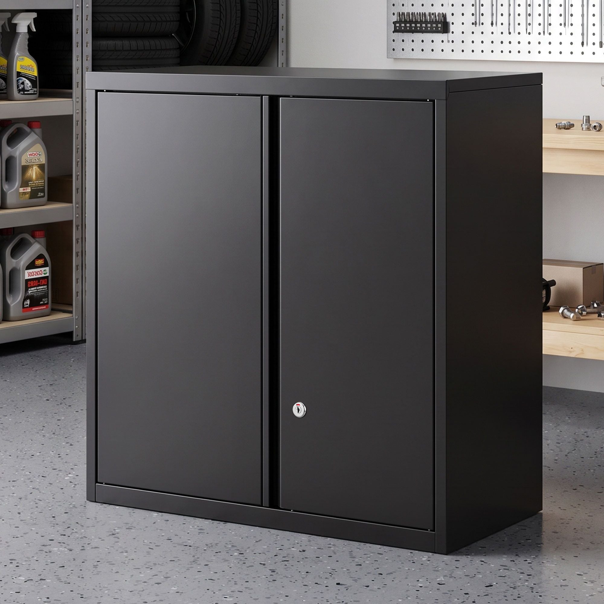 Steel Tool Cabinet Wall Mount Adjustable Shelf Garage Storage Lockable Black