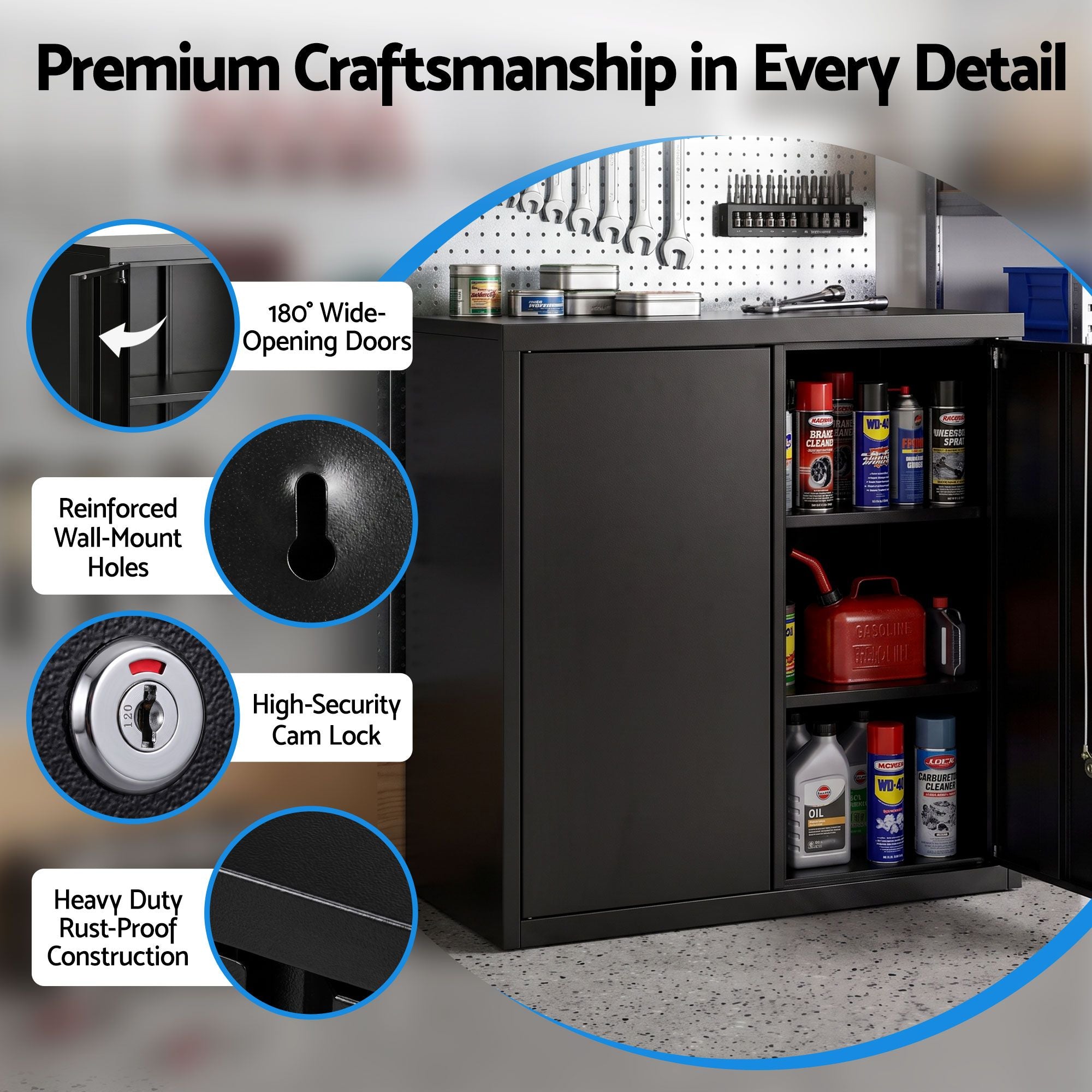 Steel Tool Cabinet Wall Mount Adjustable Shelf Garage Storage Lockable Black