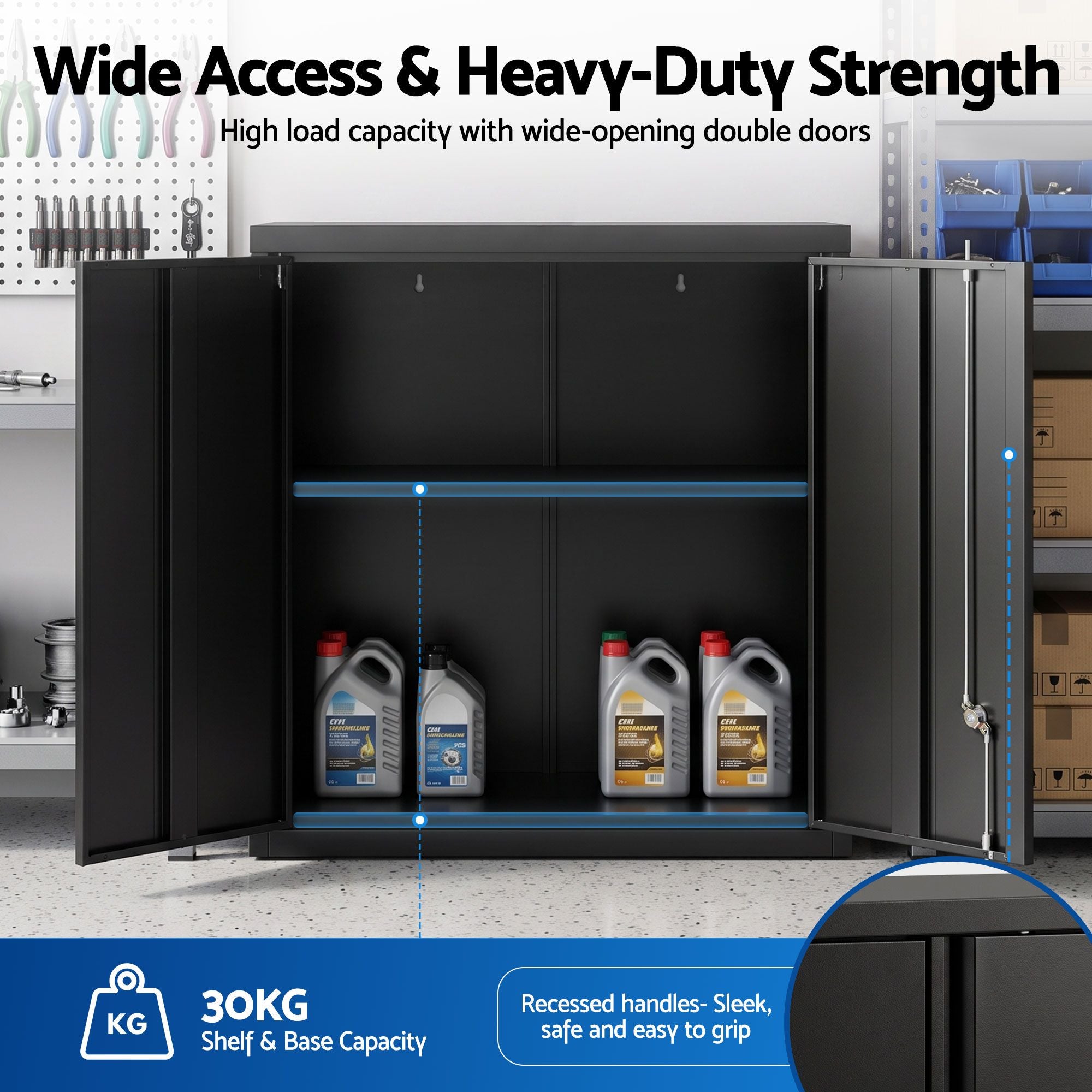 Steel Tool Cabinet Wall Mount Adjustable Shelf Garage Storage Lockable Black