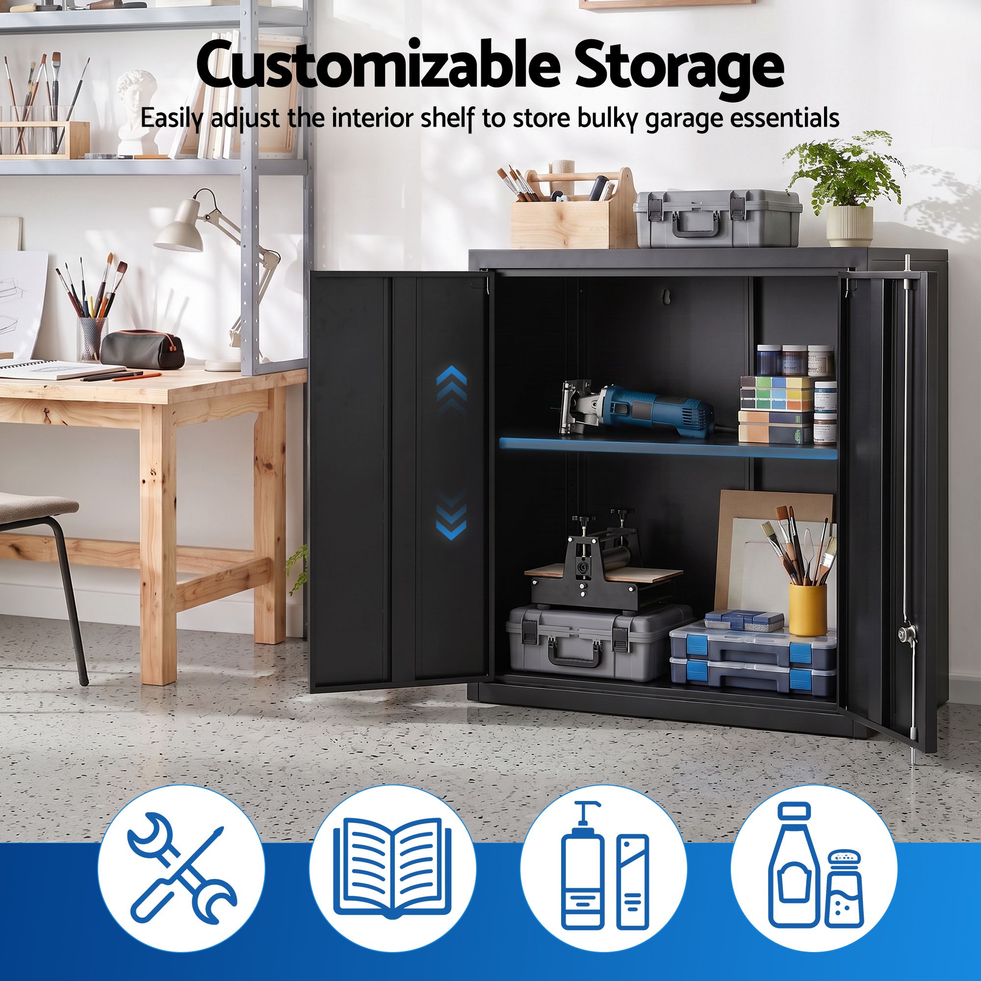 Steel Tool Cabinet Wall Mount Adjustable Shelf Garage Storage Lockable Black