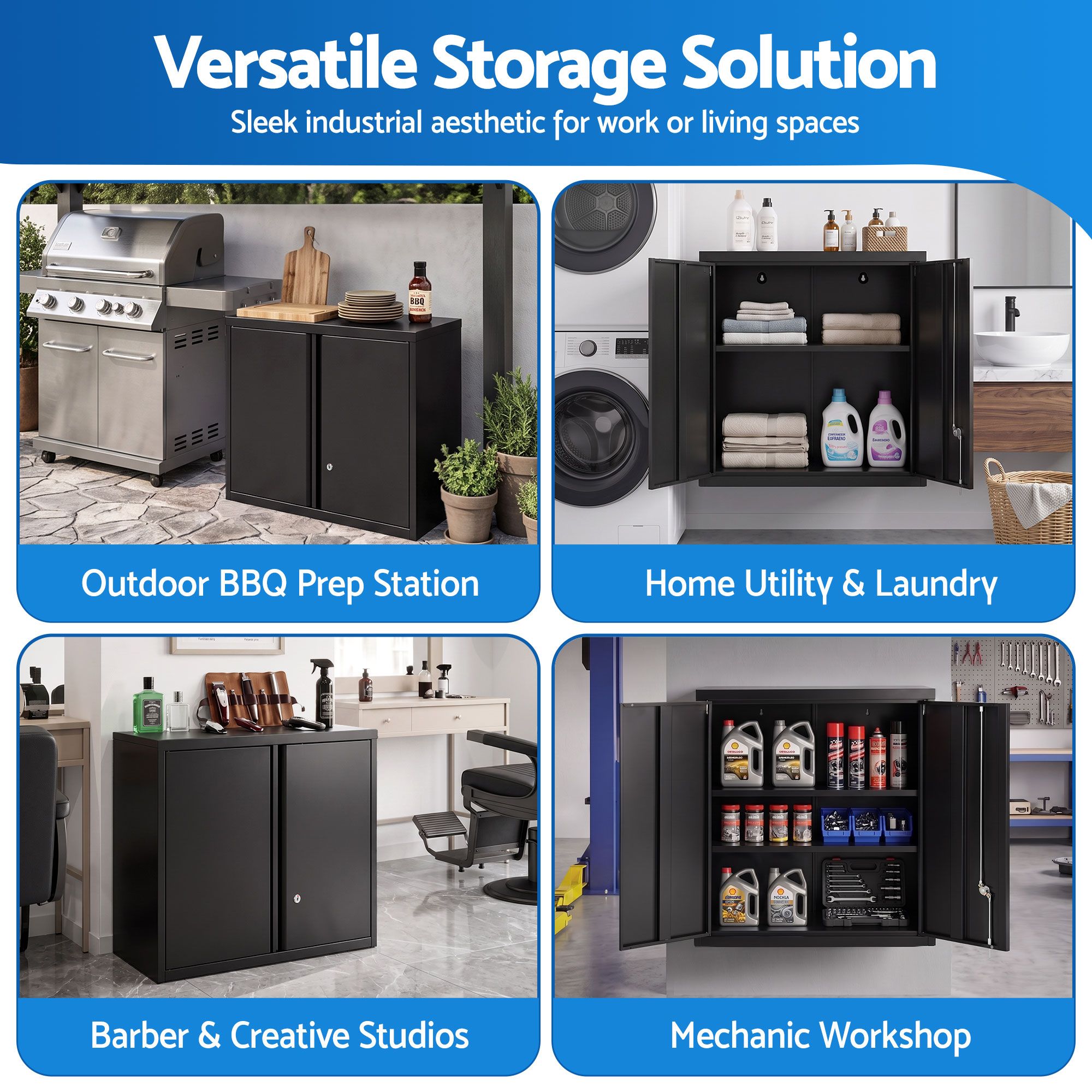 Steel Tool Cabinet Wall Mount Adjustable Shelf Garage Storage Lockable Black