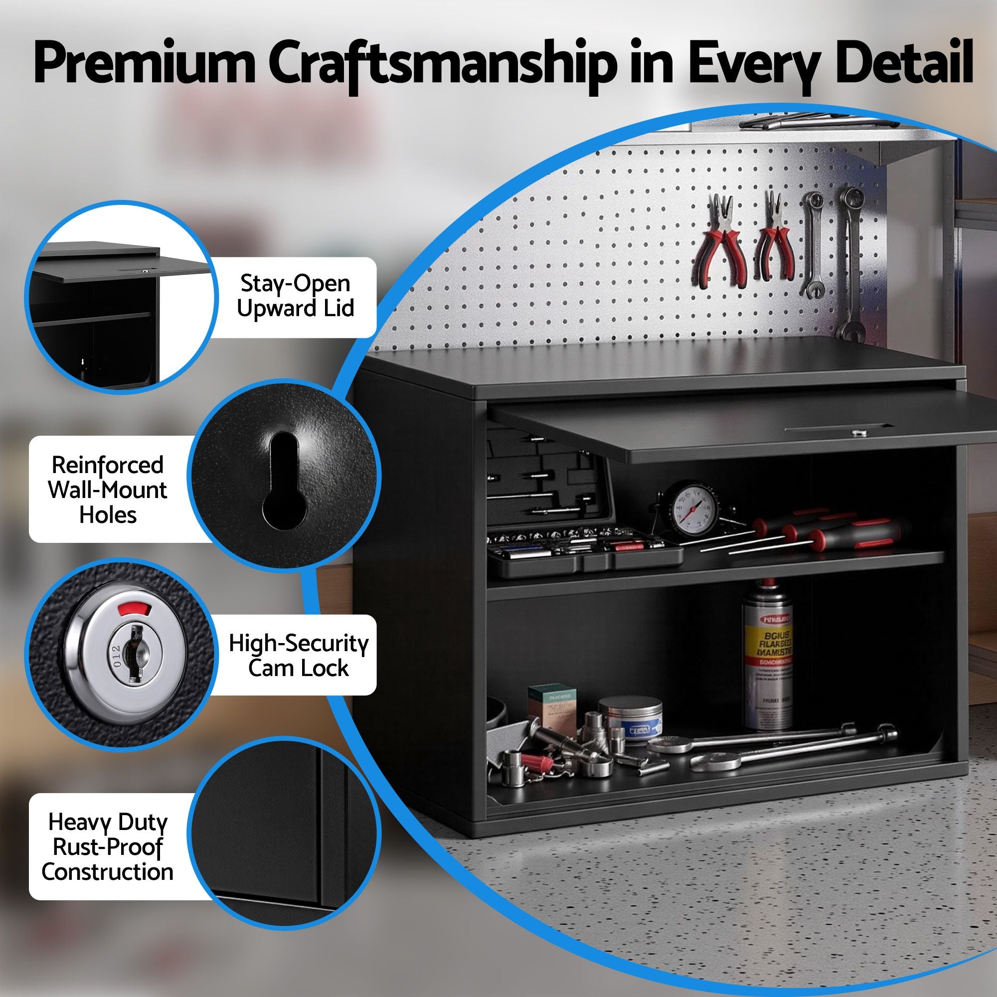 Wall Mount Steel Tool Cabinet Garage Storage Box Lockable Overhead Shelf Black