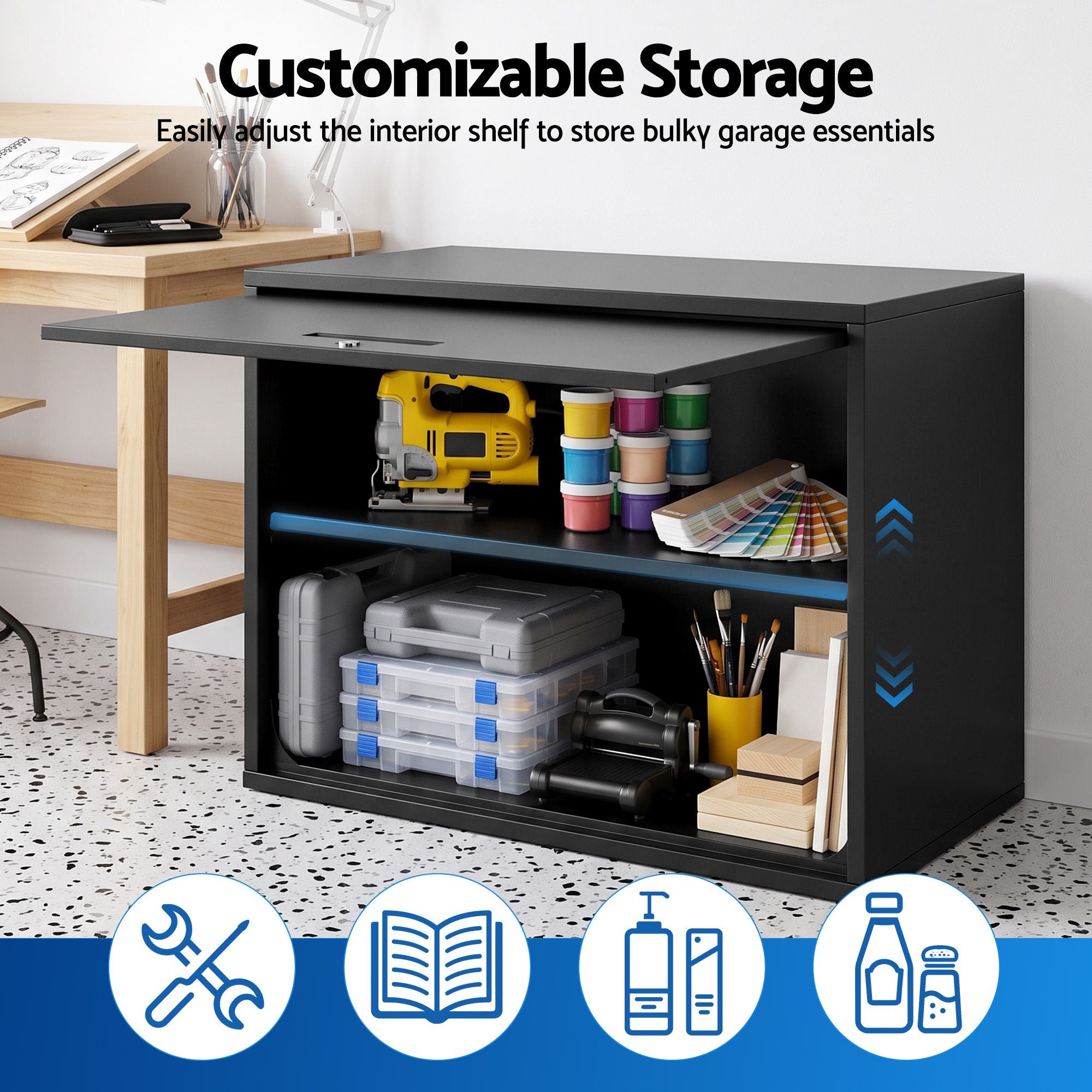 Wall Mount Steel Tool Cabinet Garage Storage Box Lockable Overhead Shelf Black