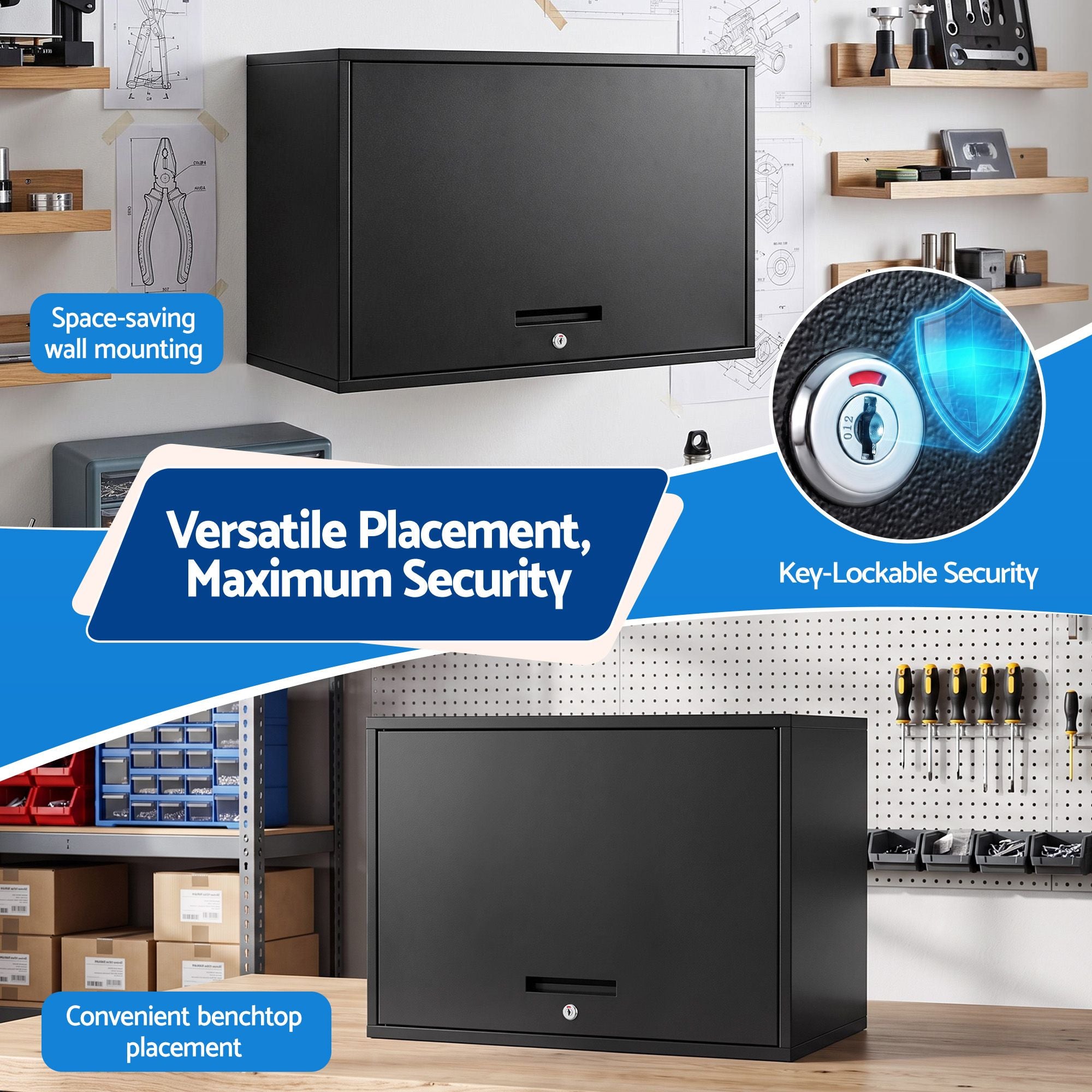 Wall Mount Steel Tool Cabinet Garage Storage Box Lockable Overhead Shelf Black