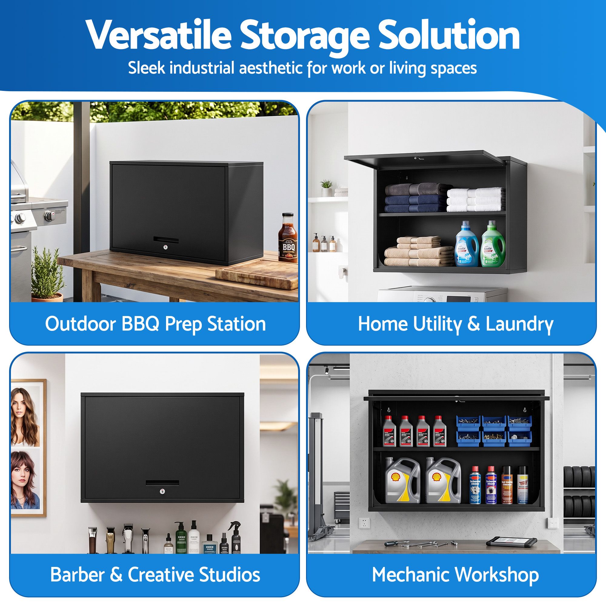 Wall Mount Steel Tool Cabinet Garage Storage Box Lockable Overhead Shelf Black